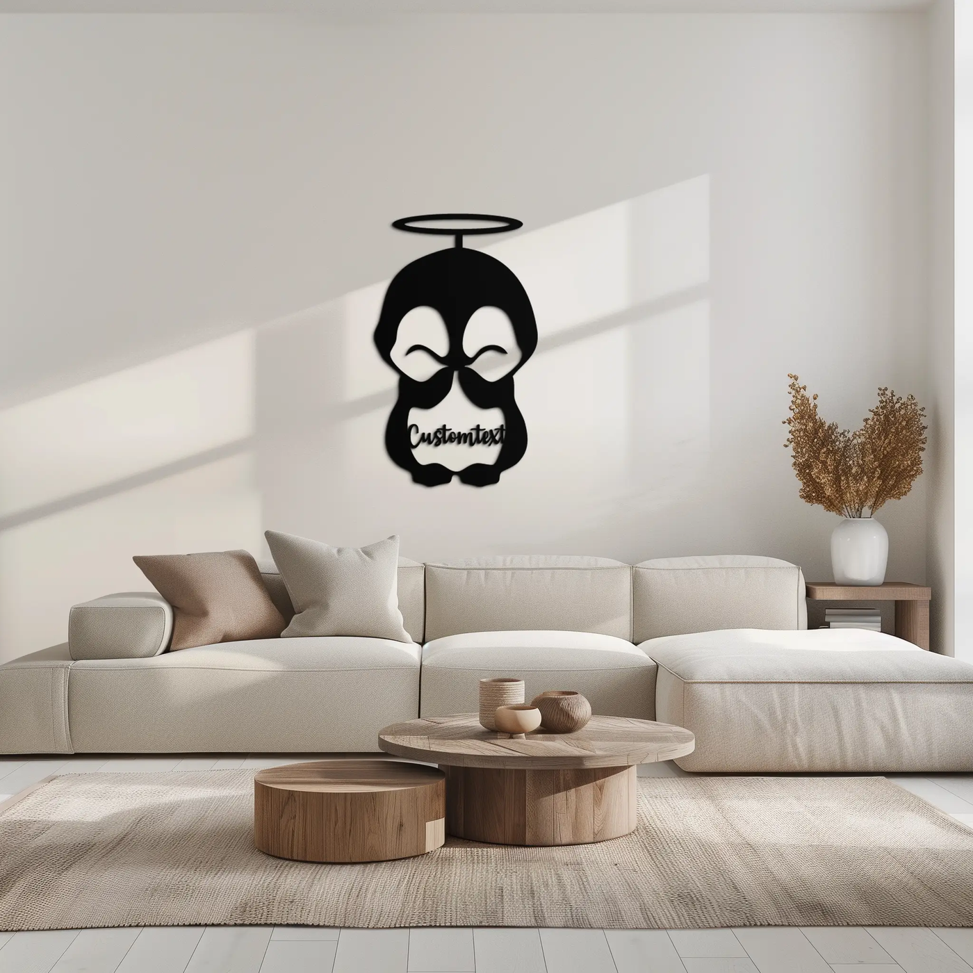 Personalized Cute Angel Penguin Metal Wall Art – Custom Text Adorable Black Steel Decor for Kids Rooms and Nurseries- KAF449 by Enova Art