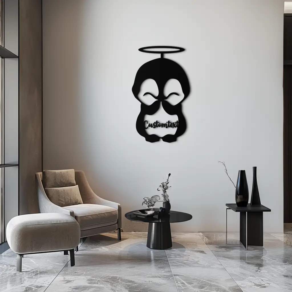 Personalized Cute Angel Penguin Metal Wall Art – Custom Text Adorable Black Steel Decor for Kids Rooms and Nurseries- KAF449 by Enova Art