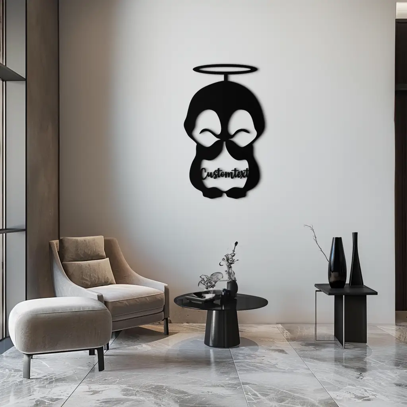 Personalized Cute Angel Penguin Metal Wall Art – Custom Text Adorable Black Steel Decor for Kids Rooms and Nurseries- KAF449 by Enova Art