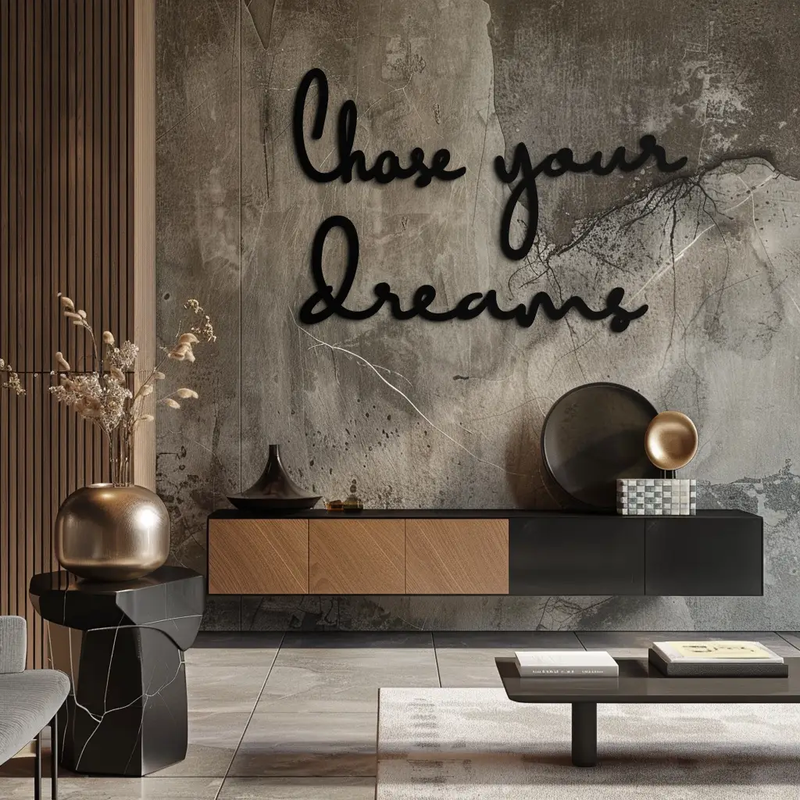 Chase Your Dreams Quote Metal Wall Art – Inspirational Word Sign in Black for Home and Office Decor- KAF454 by Enova Art