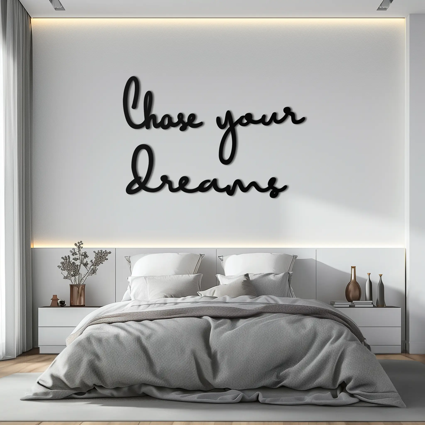 Chase Your Dreams Quote Metal Wall Art – Inspirational Word Sign in Black for Home and Office Decor- KAF454 by Enova Art