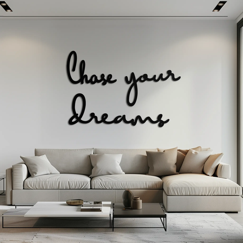 Chase Your Dreams Quote Metal Wall Art – Inspirational Word Sign in Black for Home and Office Decor- KAF454 by Enova Art