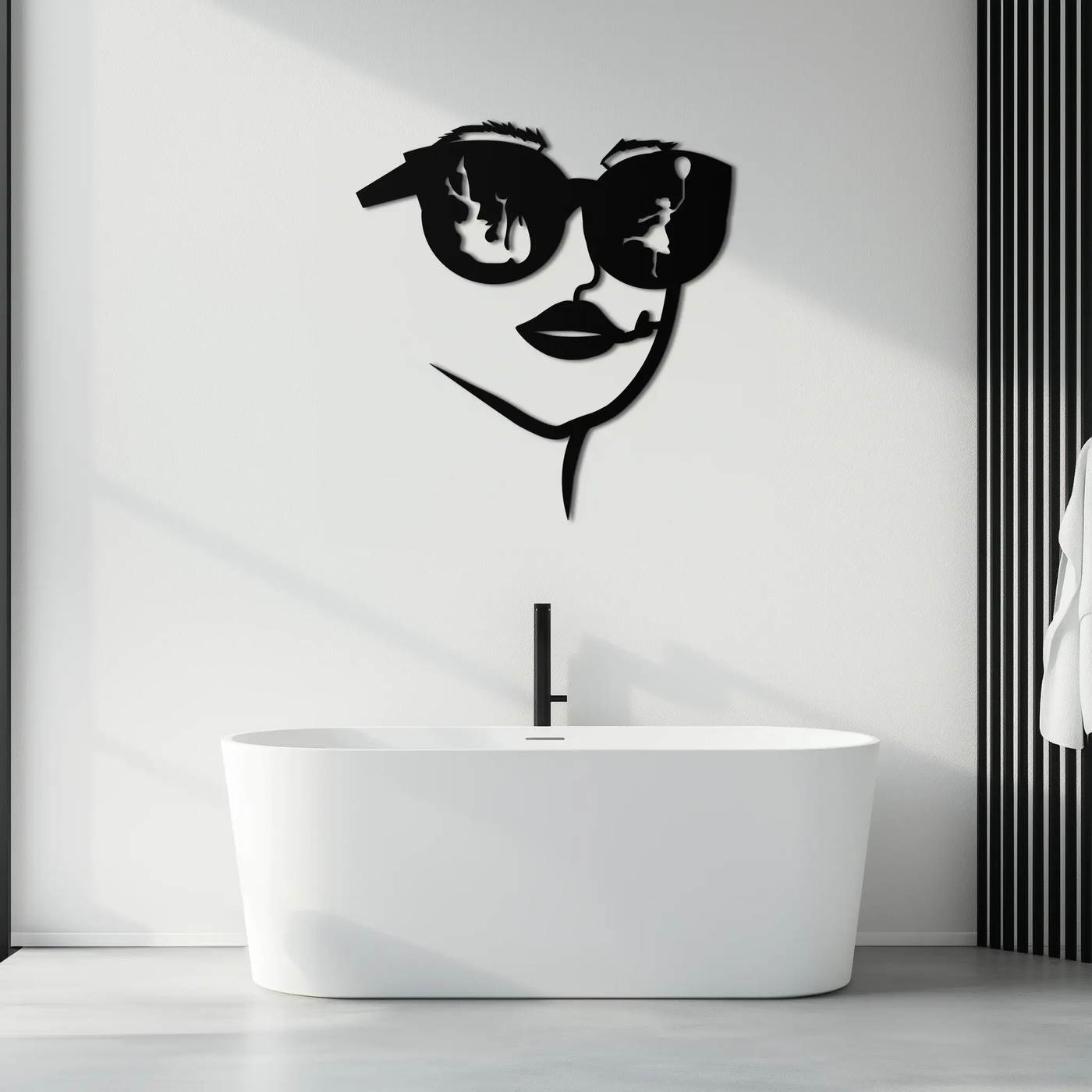 Modern Woman Face with Sunglasses Metal Wall Art – Abstract Reflective Scene Black Steel Decor for Contemporary Interiors- KAF460 by Enova Art