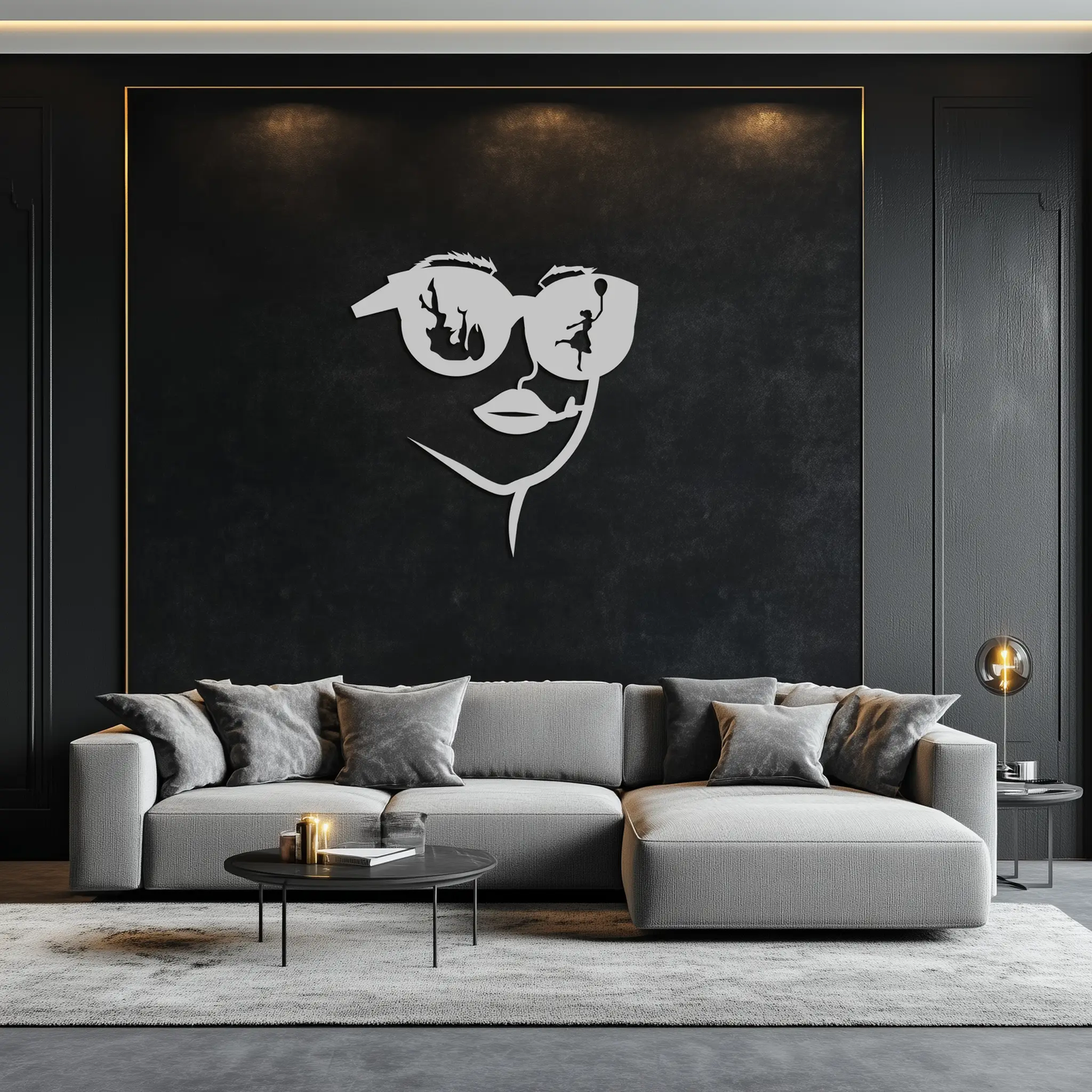 Modern Woman Face with Sunglasses Metal Wall Art – Abstract Reflective Scene Black Steel Decor for Contemporary Interiors- KAF460 by Enova Art