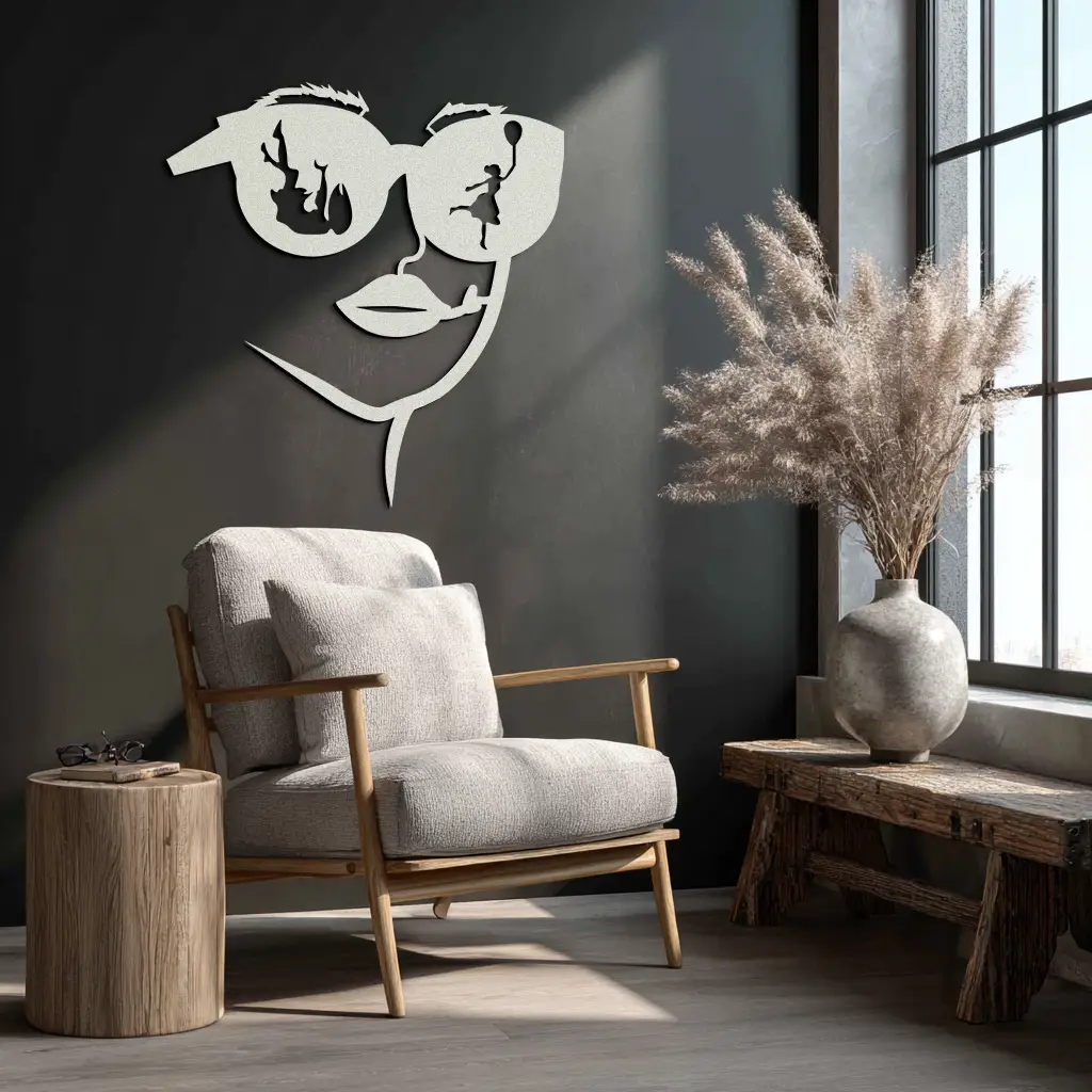 Modern Woman Face with Sunglasses Metal Wall Art – Abstract Reflective Scene Black Steel Decor for Contemporary Interiors- KAF460 by Enova Art