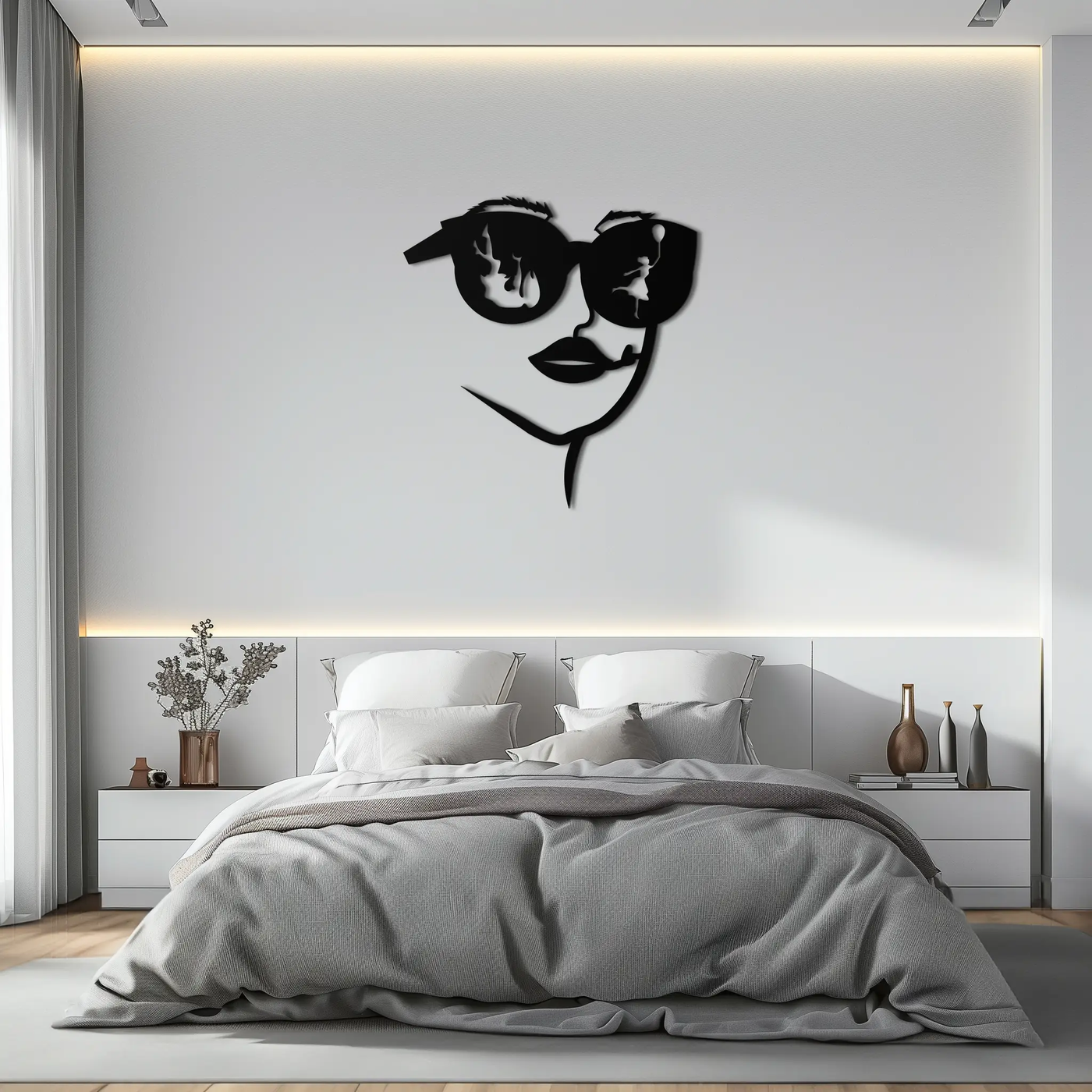 Modern Woman Face with Sunglasses Metal Wall Art – Abstract Reflective Scene Black Steel Decor for Contemporary Interiors- KAF460 by Enova Art