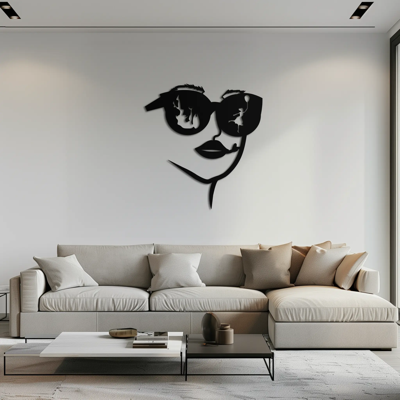 Modern Woman Face with Sunglasses Metal Wall Art – Abstract Reflective Scene Black Steel Decor for Contemporary Interiors- KAF460 by Enova Art