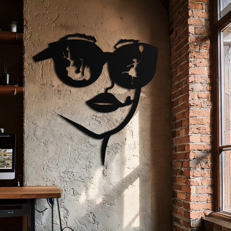 Modern Woman Face with Sunglasses Metal Wall Art – Abstract Reflective Scene Black Steel Decor for Contemporary Interiors- KAF460 by Enova Art