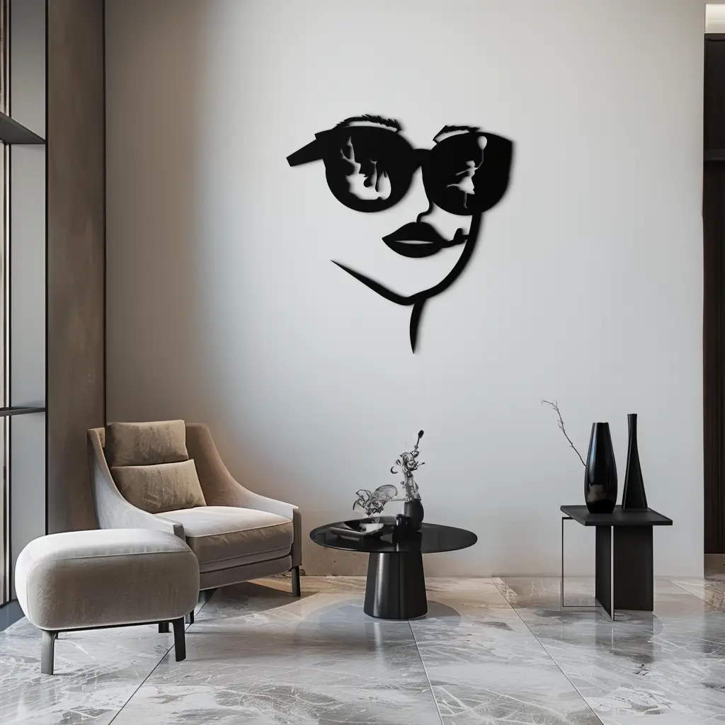 Modern Woman Face with Sunglasses Metal Wall Art – Abstract Reflective Scene Black Steel Decor for Contemporary Interiors- KAF460 by Enova Art