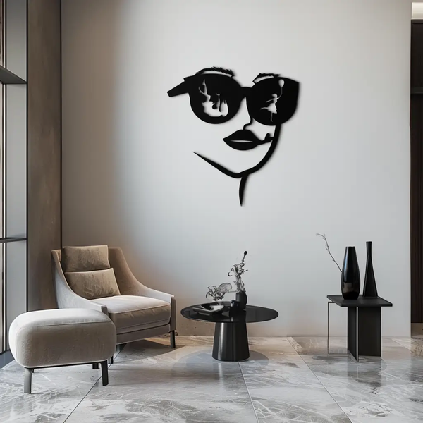 Modern Woman Face with Sunglasses Metal Wall Art – Abstract Reflective Scene Black Steel Decor for Contemporary Interiors- KAF460