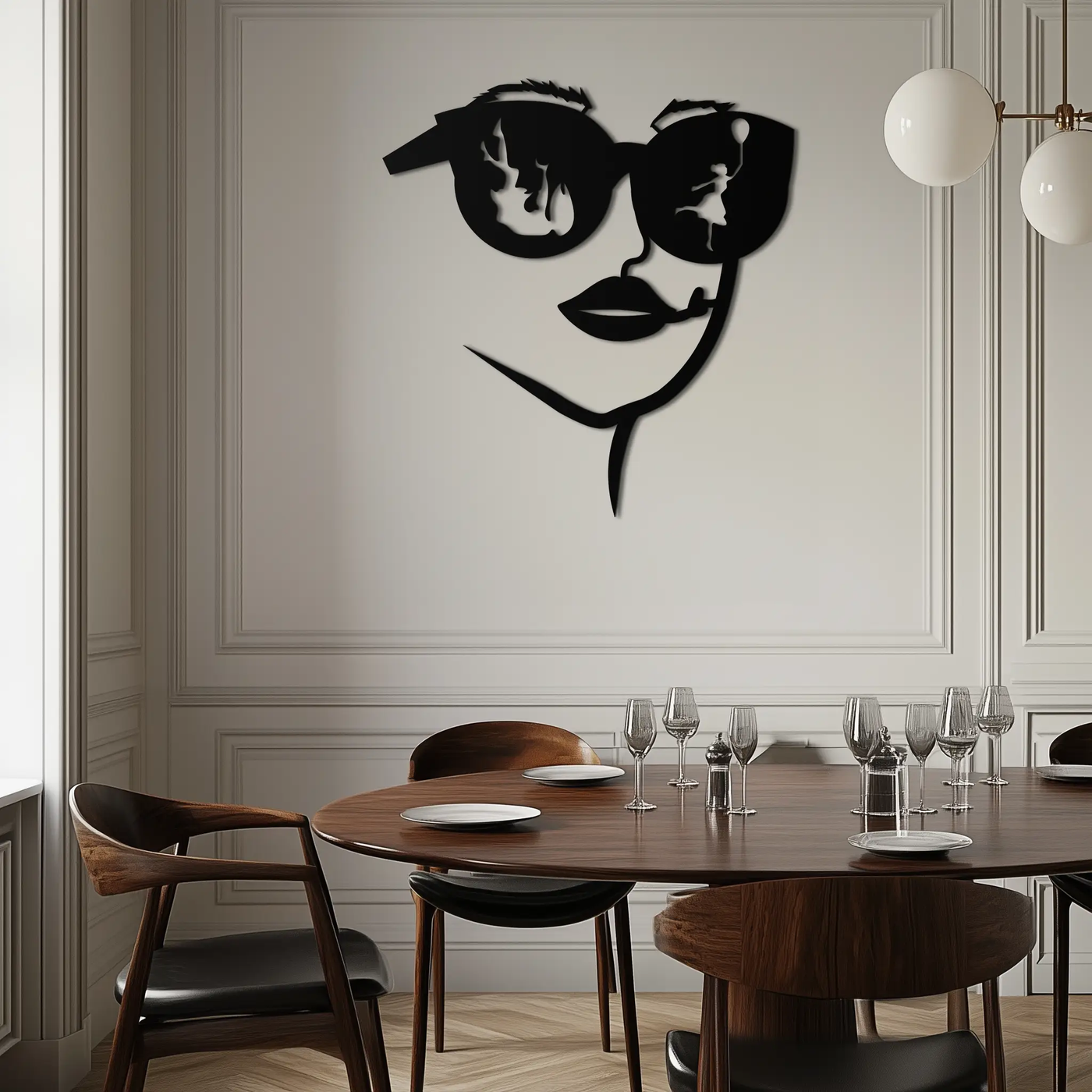 Modern Woman Face with Sunglasses Metal Wall Art – Abstract Reflective Scene Black Steel Decor for Contemporary Interiors- KAF460 by Enova Art