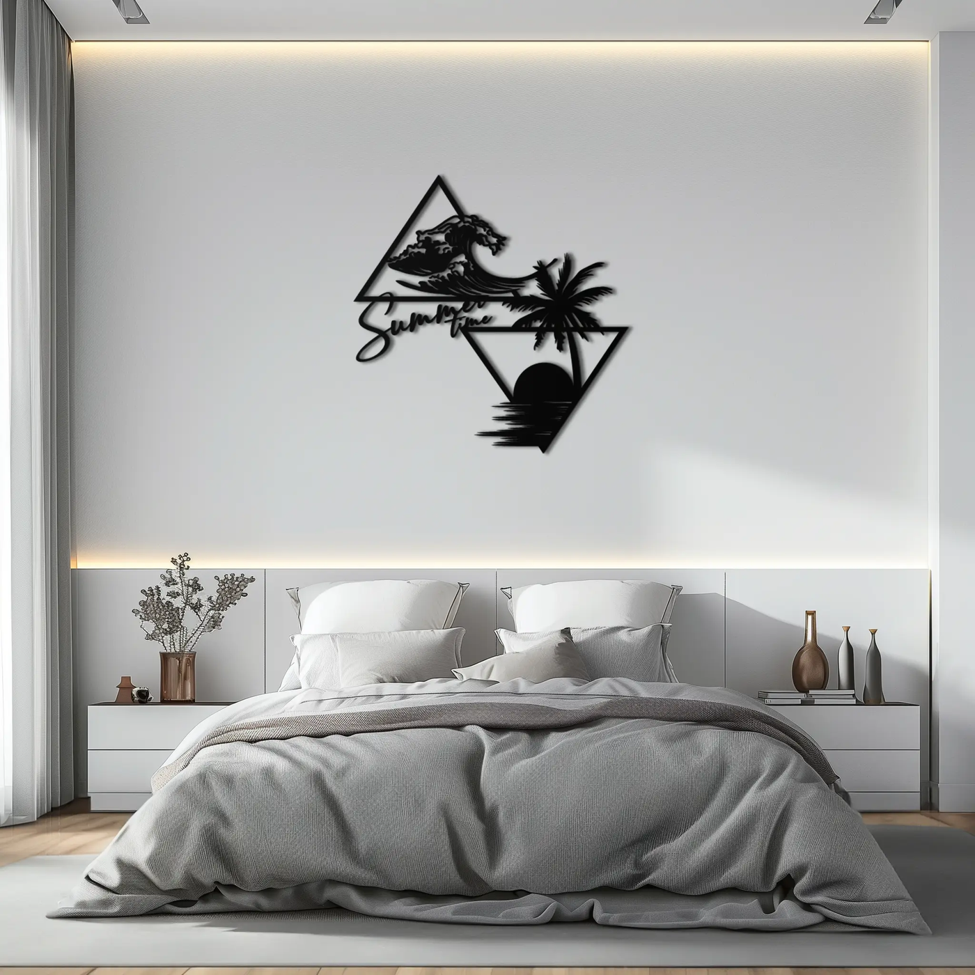 Summer Time Beach Scene Metal Wall Art – Tropical Ocean Waves and Palm Tree Black Steel Decor for Coastal Interiors- KAF461 by Enova Art