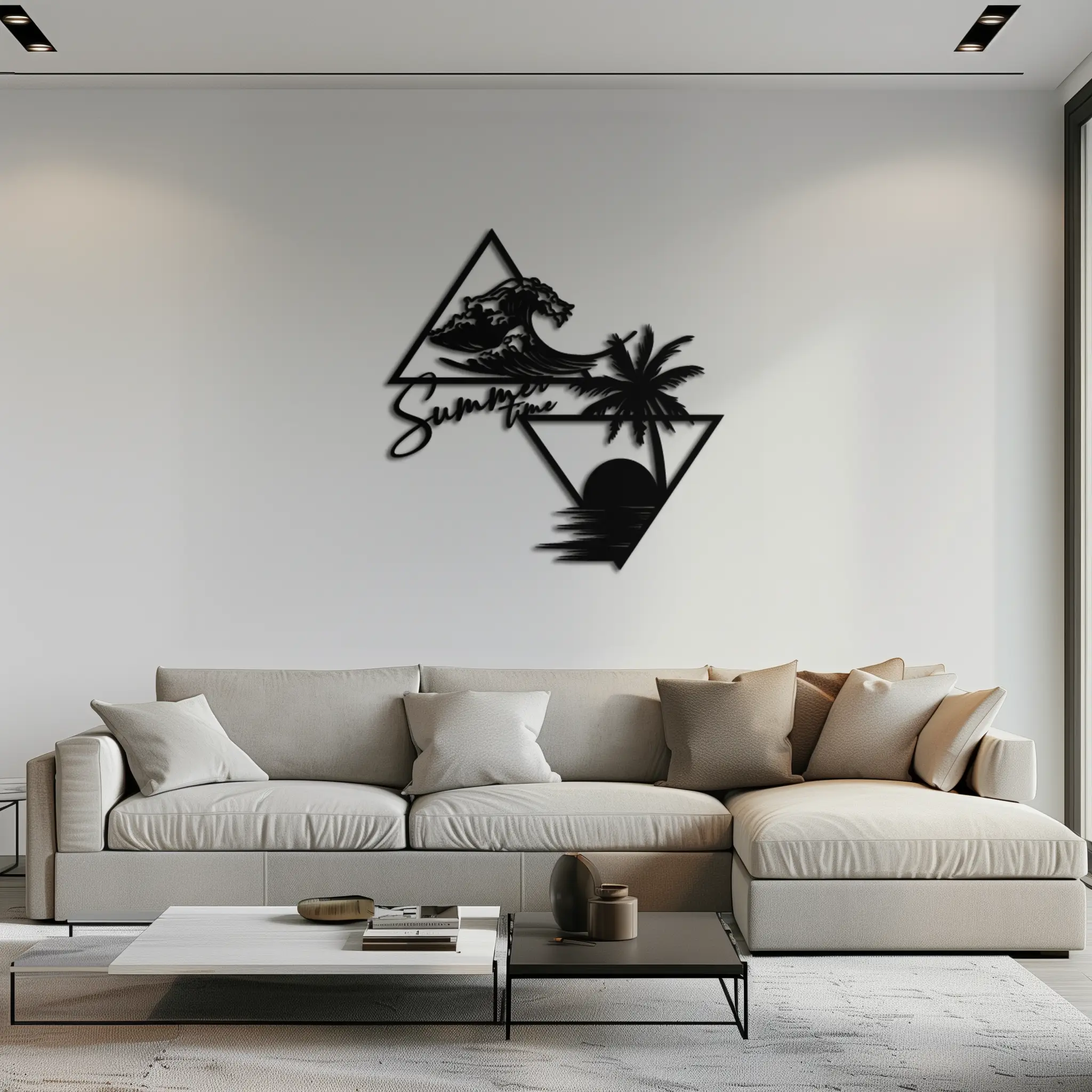 Summer Time Beach Scene Metal Wall Art – Tropical Ocean Waves and Palm Tree Black Steel Decor for Coastal Interiors- KAF461 by Enova Art