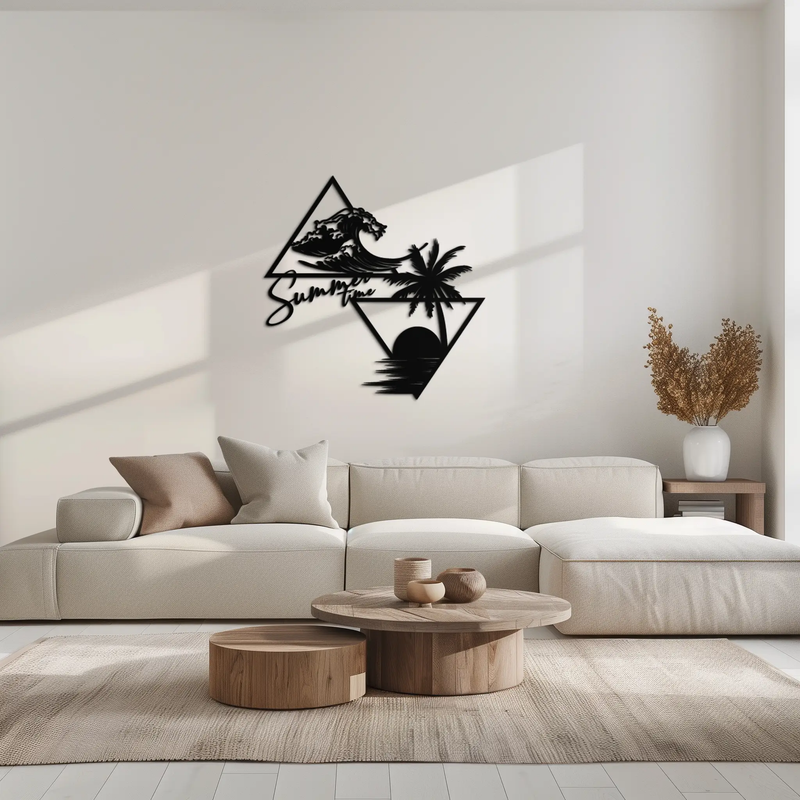 Summer Time Beach Scene Metal Wall Art – Tropical Ocean Waves and Palm Tree Black Steel Decor for Coastal Interiors- KAF461 by Enova Art