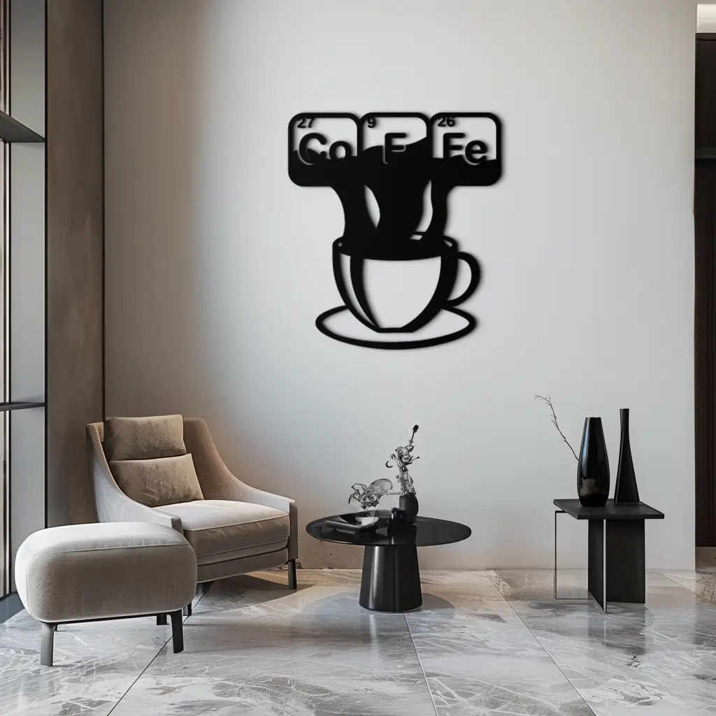 Coffee Elements Chemistry Metal Wall Art – Scientific Coffee Cup Black Steel Decor for Kitchens, Cafés, and Offices- KAF462 by Enova Art