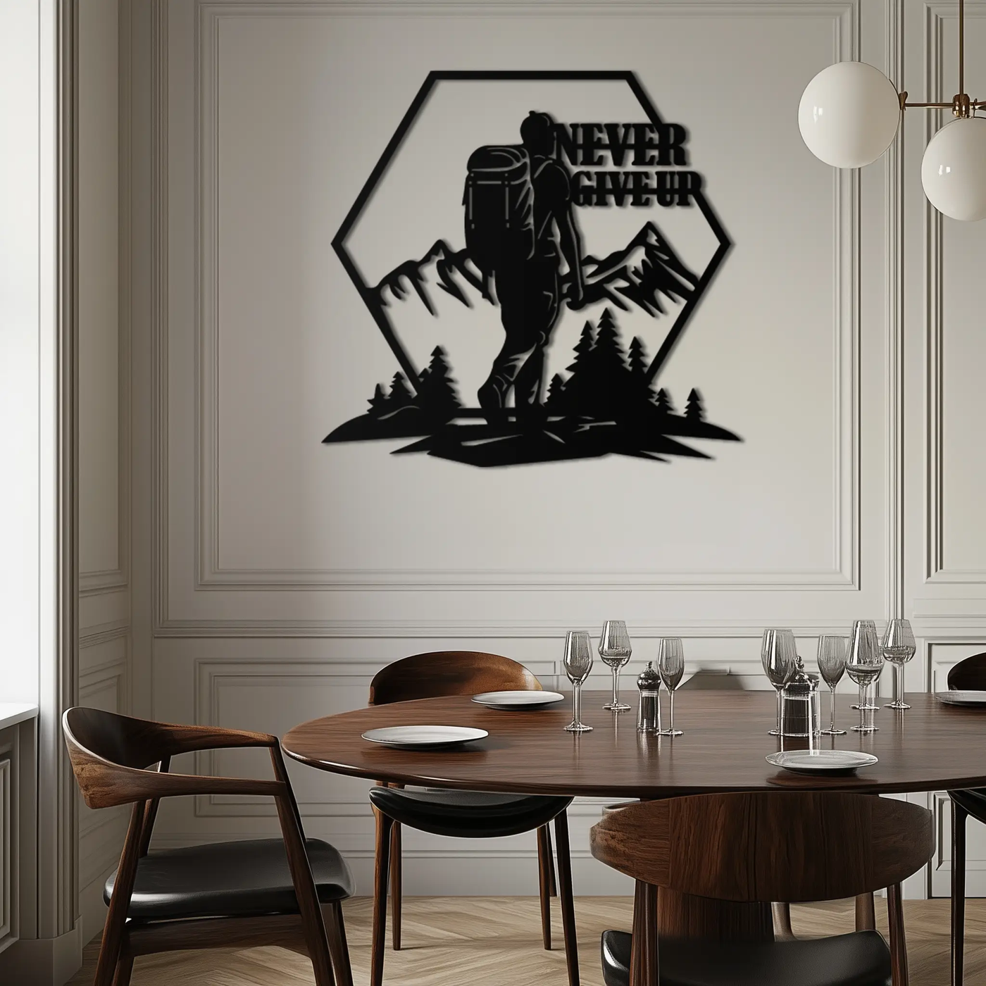 Never Give Up Hiking Metal Wall Art – Motivational Mountain Hiker Black Steel Decor for Adventure Lovers and Outdoor Enthusiasts- KAF463 by Enova Art