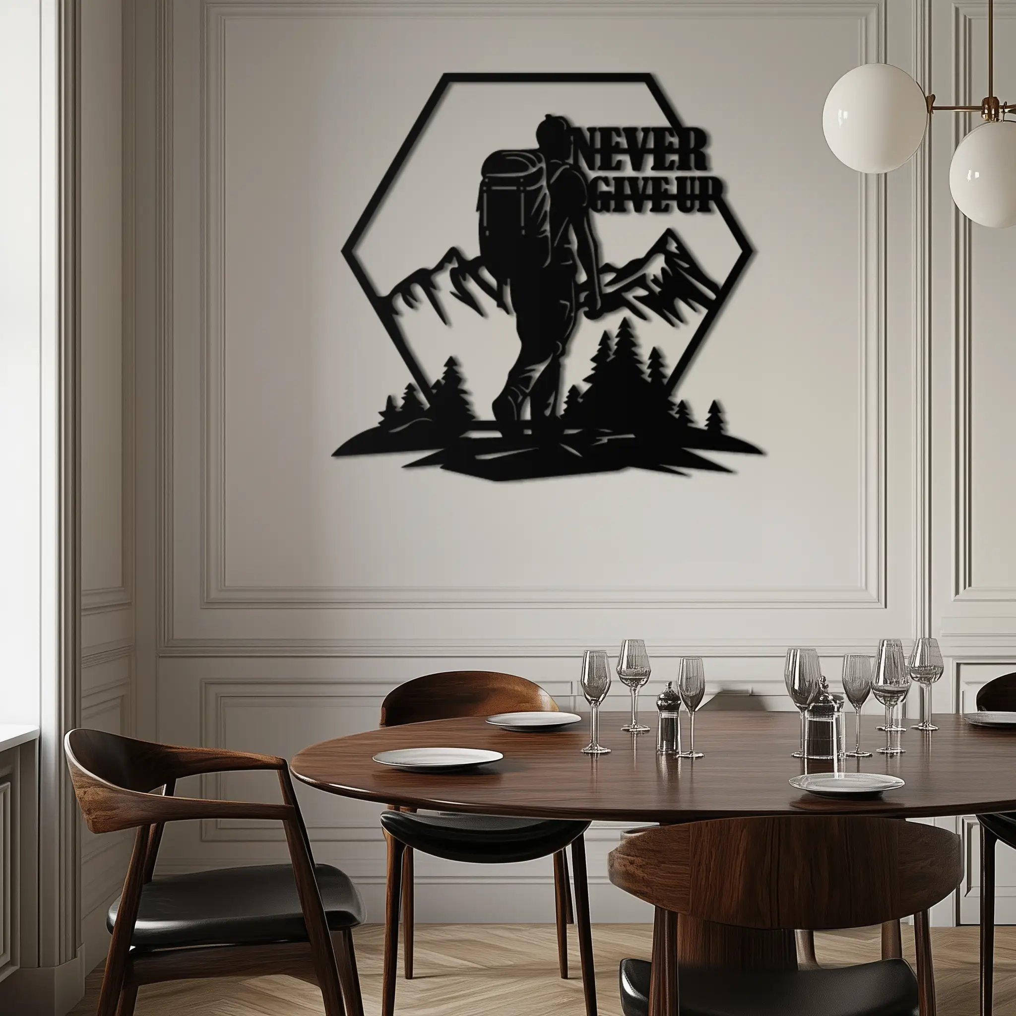Never Give Up Hiking Metal Wall Art – Motivational Mountain Hiker Black Steel Decor for Adventure Lovers and Outdoor Enthusiasts- KAF463 by Enova Art