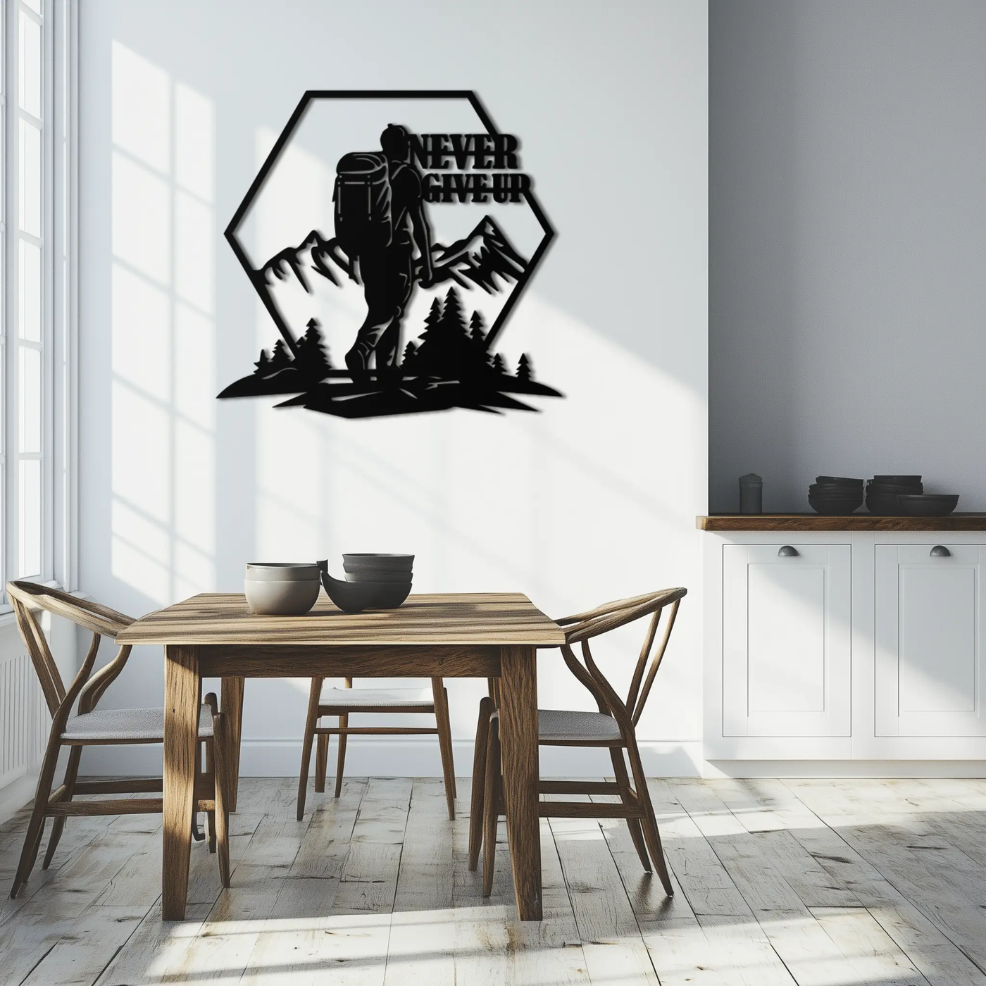 Never Give Up Hiking Metal Wall Art – Motivational Mountain Hiker Black Steel Decor for Adventure Lovers and Outdoor Enthusiasts- KAF463 by Enova Art