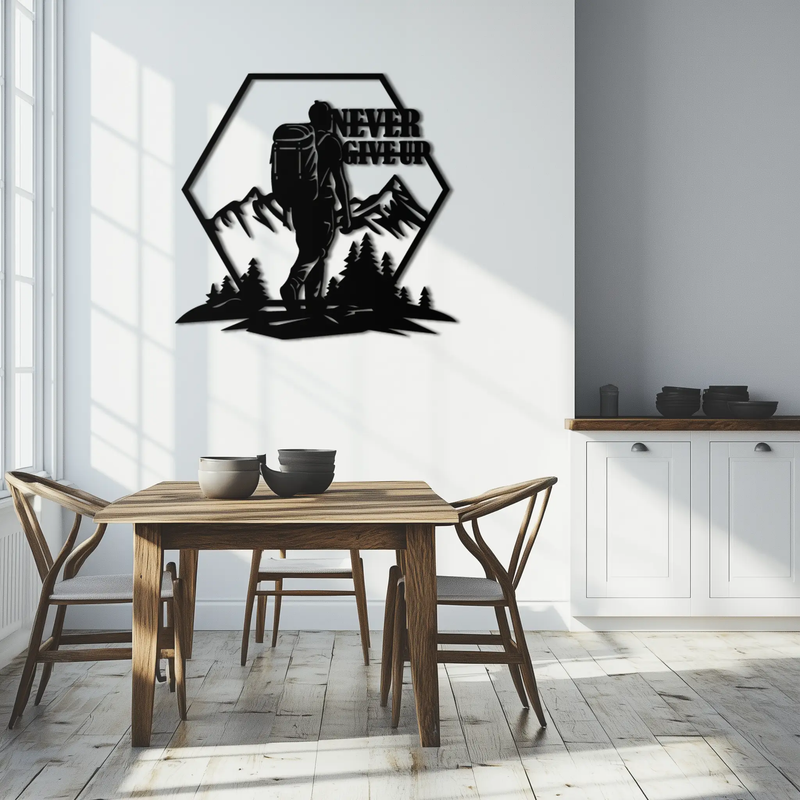 Never Give Up Hiking Metal Wall Art – Motivational Mountain Hiker Black Steel Decor for Adventure Lovers and Outdoor Enthusiasts- KAF463 by Enova Art