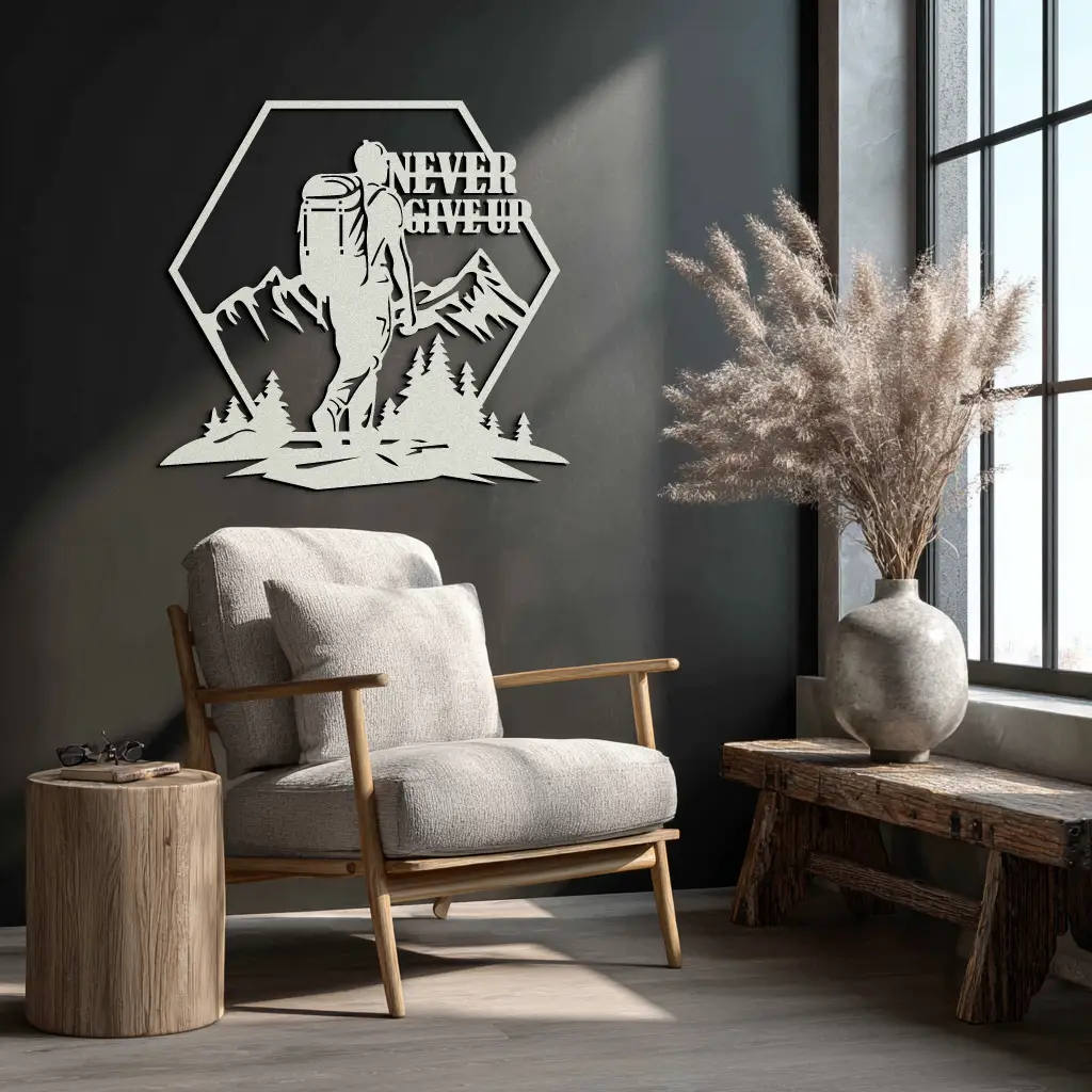 Never Give Up Hiking Metal Wall Art – Motivational Mountain Hiker Black Steel Decor for Adventure Lovers and Outdoor Enthusiasts- KAF463 by Enova Art