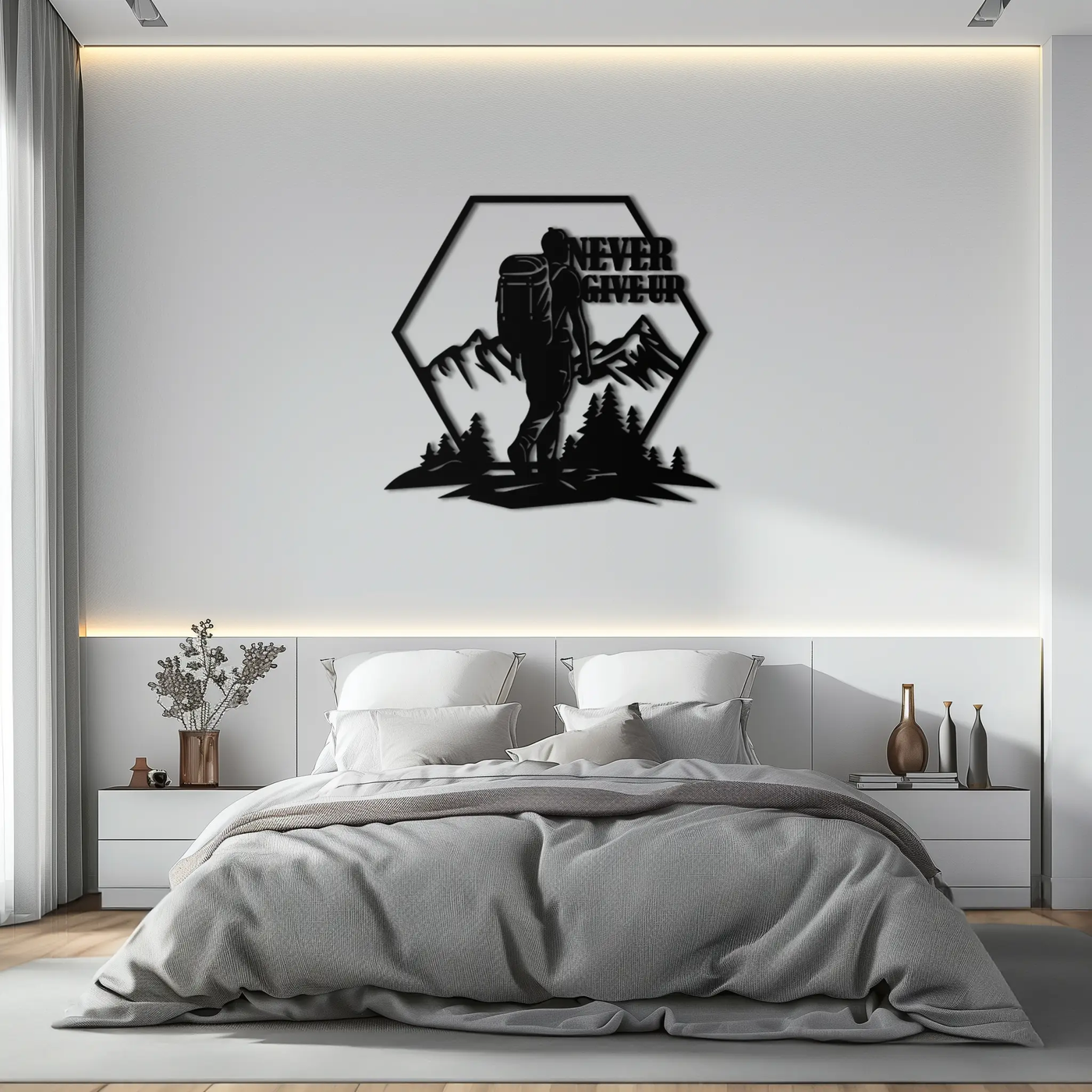 Never Give Up Hiking Metal Wall Art – Motivational Mountain Hiker Black Steel Decor for Adventure Lovers and Outdoor Enthusiasts- KAF463 by Enova Art