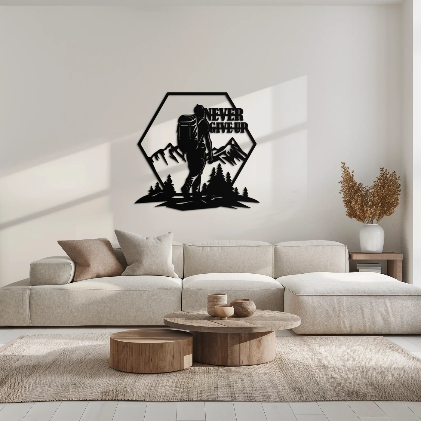 Never Give Up Hiking Metal Wall Art – Motivational Mountain Hiker Black Steel Decor for Adventure Lovers and Outdoor Enthusiasts- KAF463 by Enova Art