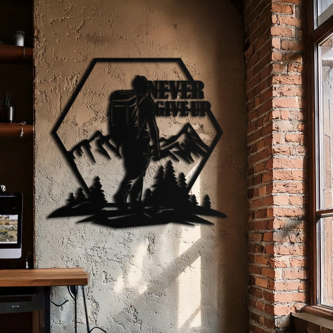 Never Give Up Hiking Metal Wall Art – Motivational Mountain Hiker Black Steel Decor for Adventure Lovers and Outdoor Enthusiasts- KAF463 by Enova Art