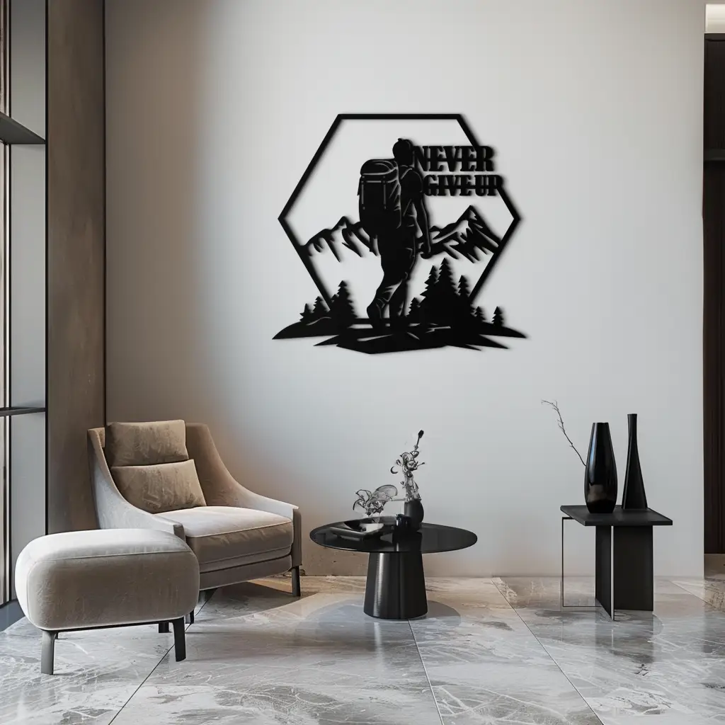 Never Give Up Hiking Metal Wall Art – Motivational Mountain Hiker Black Steel Decor for Adventure Lovers and Outdoor Enthusiasts- KAF463 by Enova Art