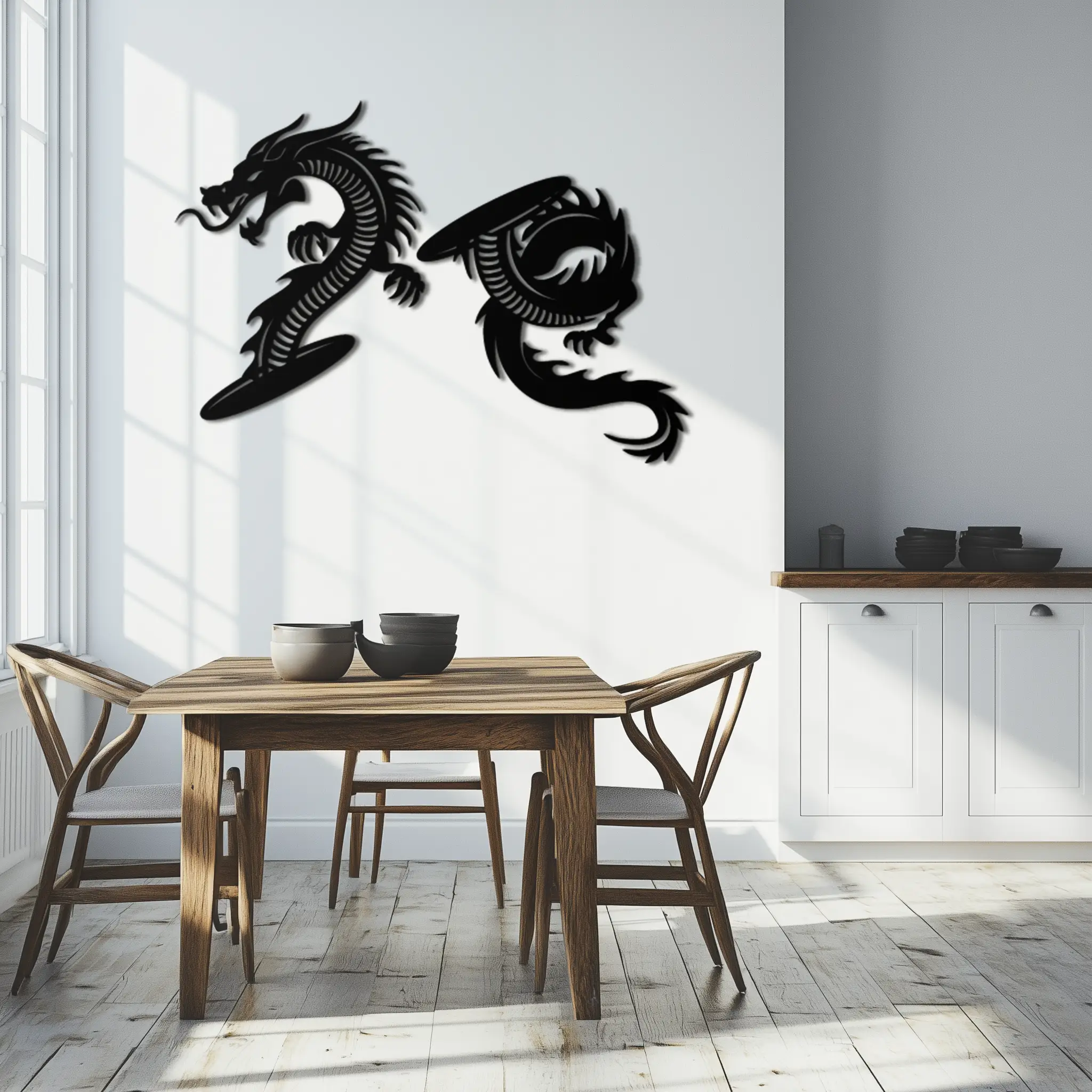 Yin Yang Dragon Duo Metal Wall Art – Eastern-Inspired Black Steel Decor for Modern, Zen and Asian-Themed Interiors- KAF464 by Enova Art