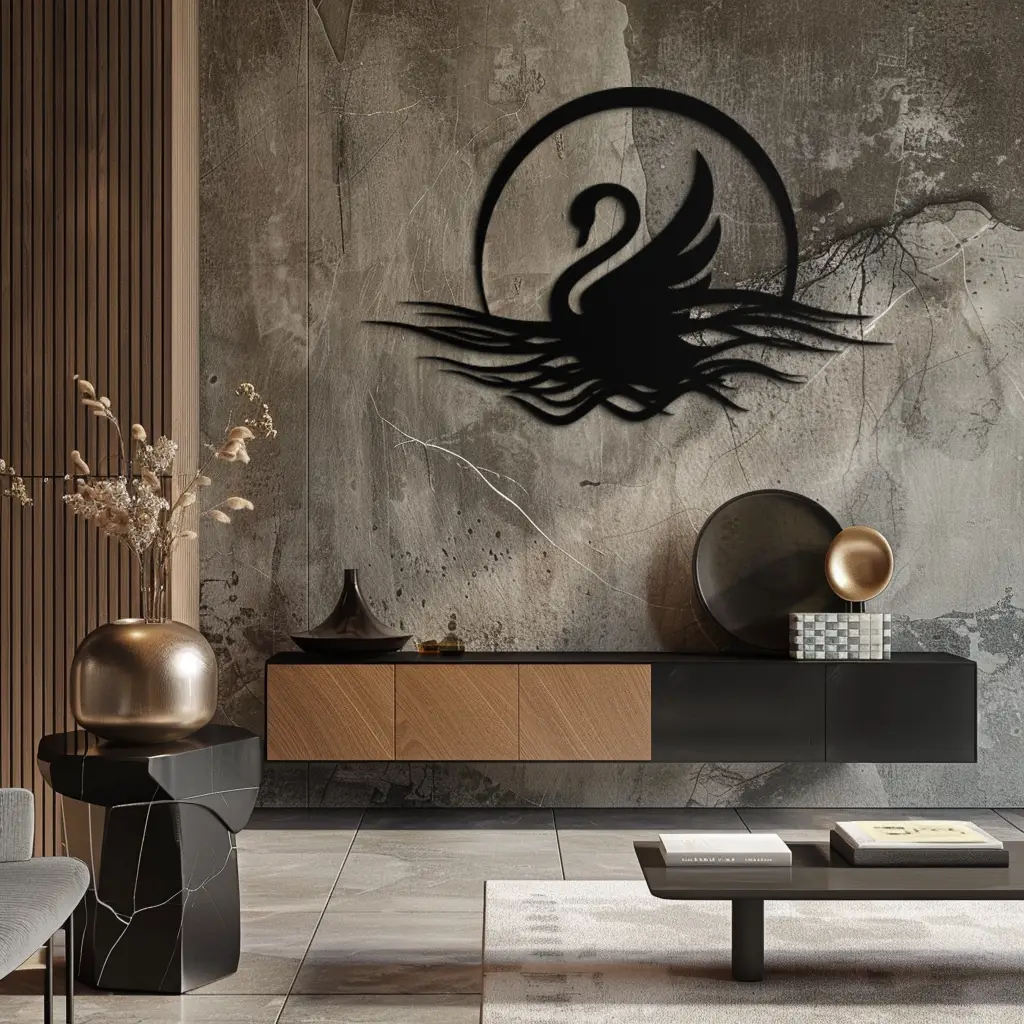 Elegant Swan on Lake Metal Wall Art – Serene Black Steel Decor for Modern, Nature-Inspired Home Interiors- KAF465 by Enova Art