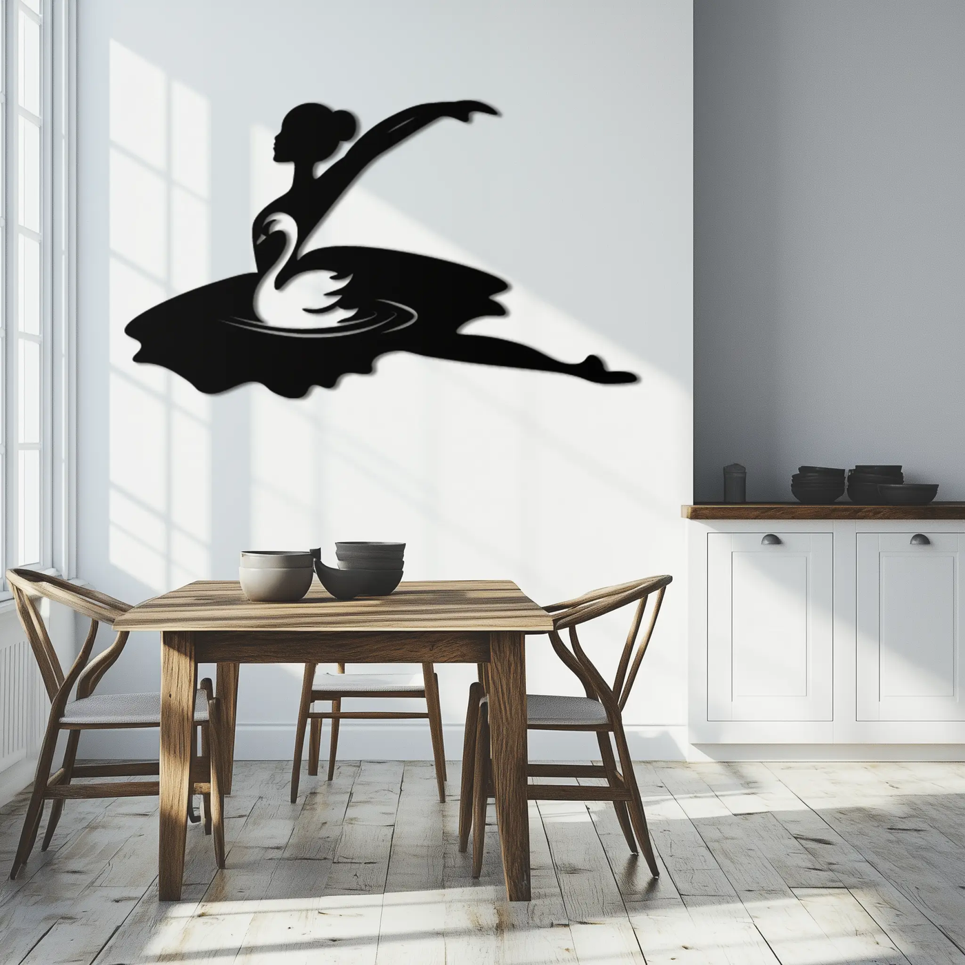 Ballet Dancer with Swan Silhouette Metal Wall Art – Elegant Black Steel Decor for Ballet Studios, Bedrooms, and Living Spaces- KAF466 by Enova Art