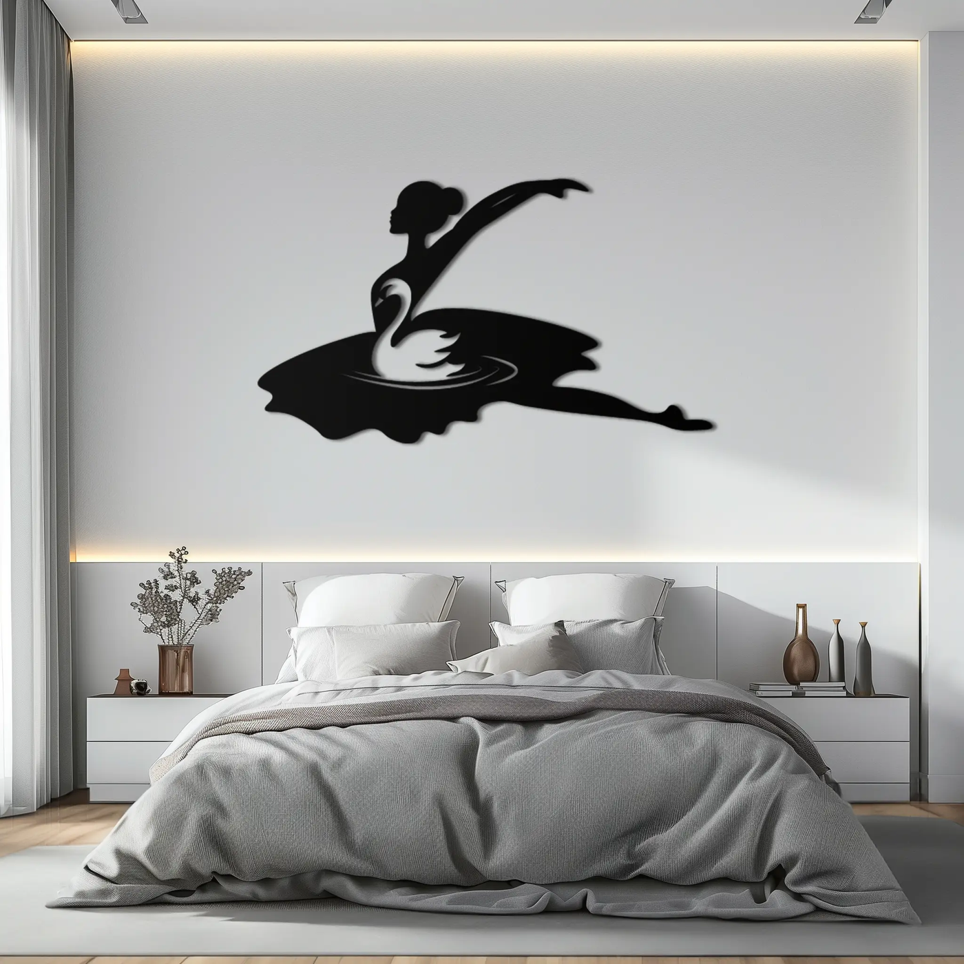 Ballet Dancer with Swan Silhouette Metal Wall Art – Elegant Black Steel Decor for Ballet Studios, Bedrooms, and Living Spaces- KAF466 by Enova Art