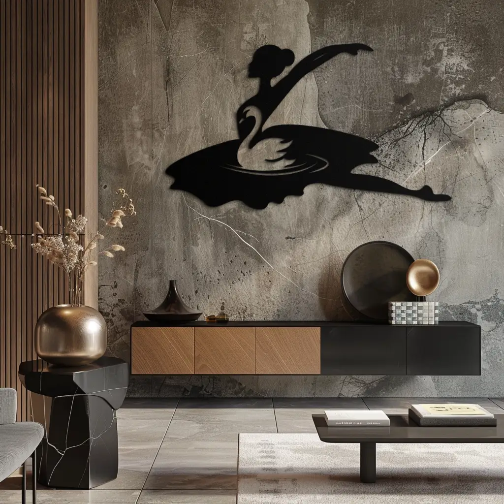 Ballet Dancer with Swan Silhouette Metal Wall Art – Elegant Black Steel Decor for Ballet Studios, Bedrooms, and Living Spaces- KAF466 by Enova Art