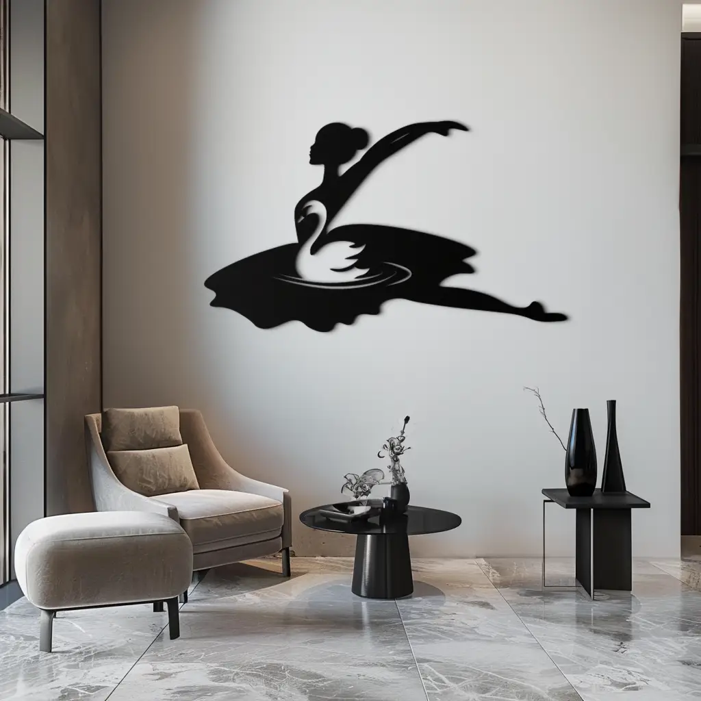 Ballet Dancer with Swan Silhouette Metal Wall Art – Elegant Black Steel Decor for Ballet Studios, Bedrooms, and Living Spaces- KAF466 by Enova Art