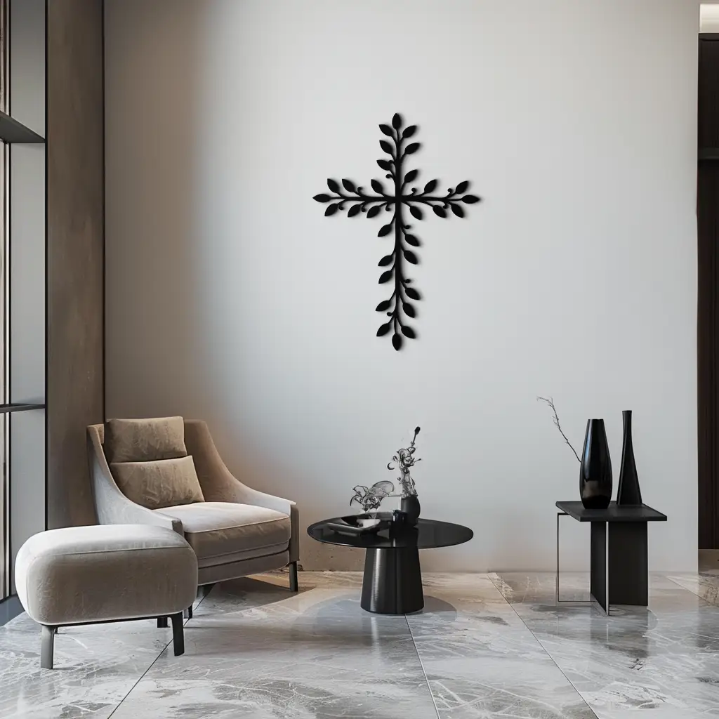 Leaf Cross Metal Wall Art - Elegant Botanical Christian Home Decor- KAF482 by Enova Art
