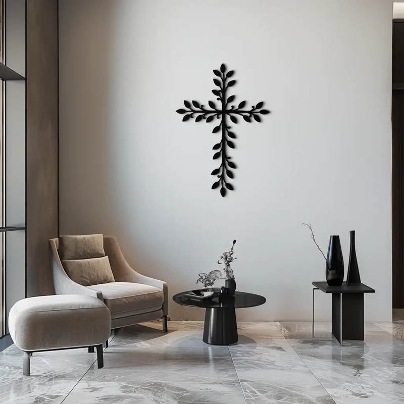 Leaf Cross Metal Wall Art - Elegant Botanical Christian Home Decor- KAF482 by Enova Art