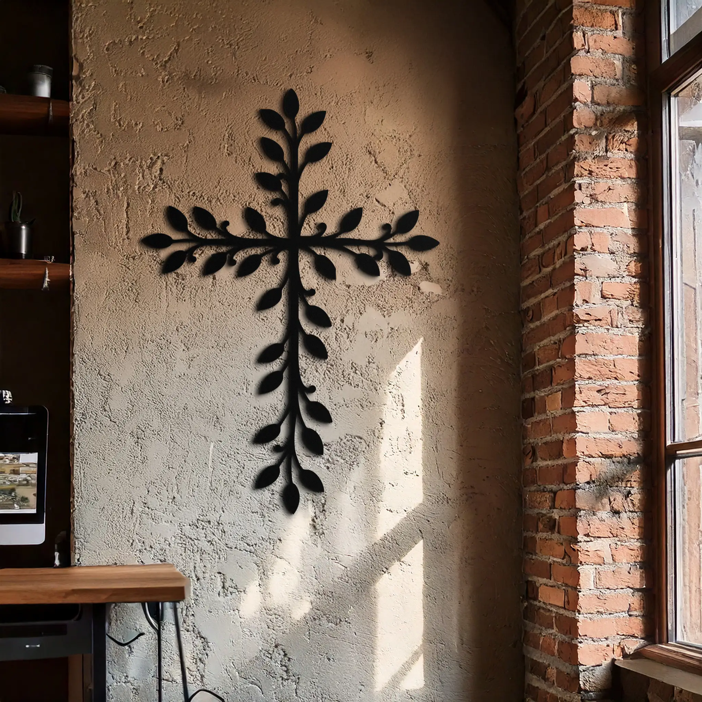 Leaf Cross Metal Wall Art - Elegant Botanical Christian Home Decor- KAF482 by Enova Art