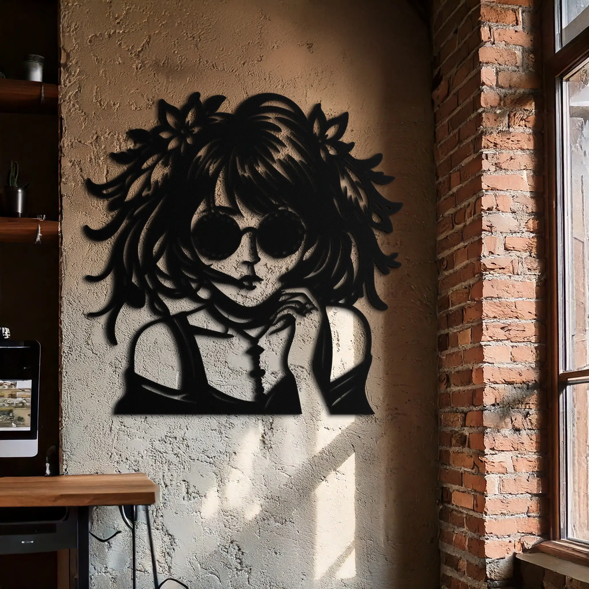 Anime Girl Silhouette Metal Wall Art – Black Steel Artistic Modern Home Decor- KAF490 by Enova Art