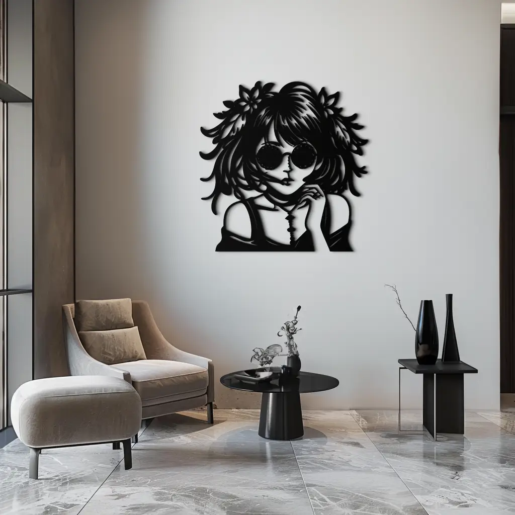 Anime Girl Silhouette Metal Wall Art – Black Steel Artistic Modern Home Decor- KAF490 by Enova Art
