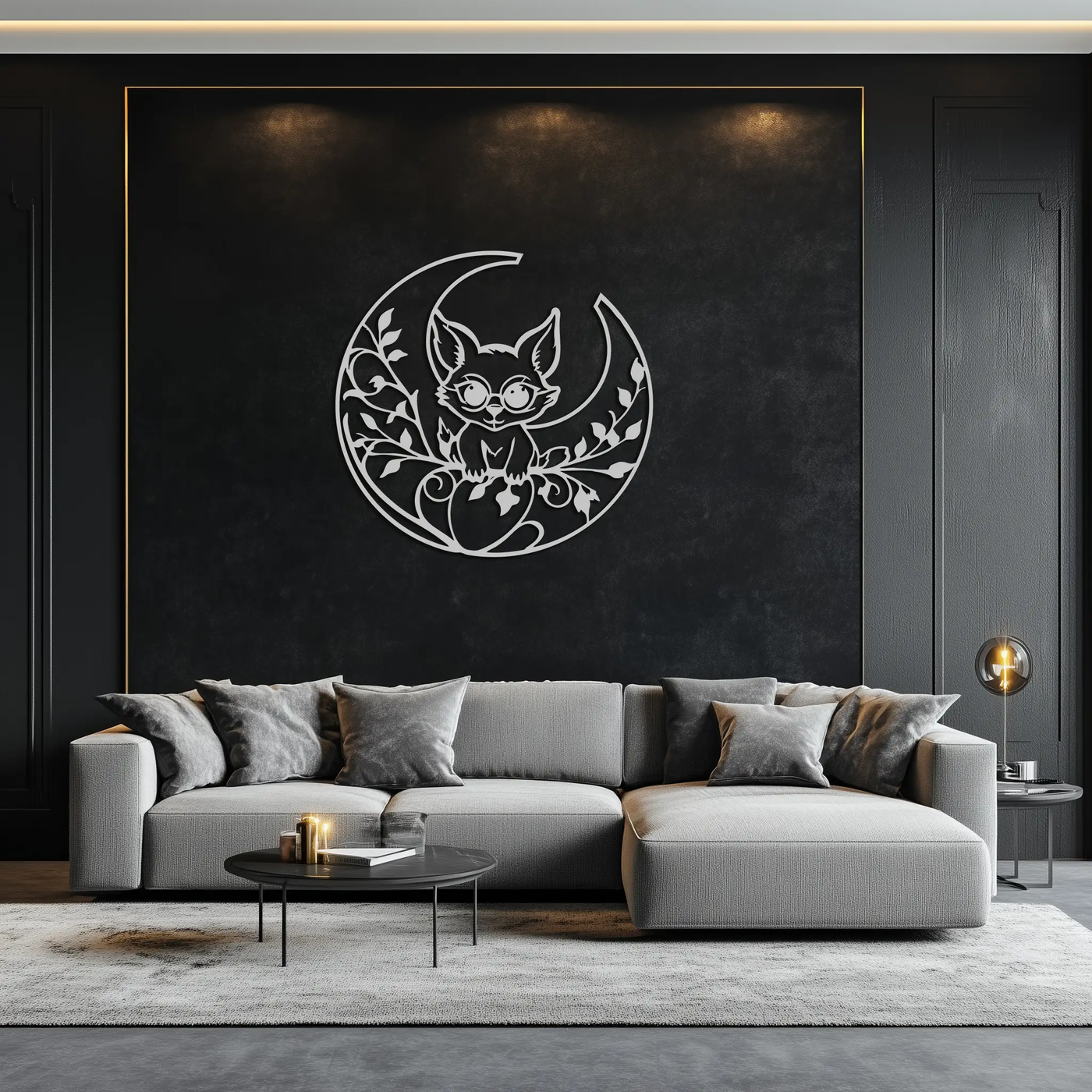 Moon Cat Silhouette Metal Wall Art – Black Steel Whimsical Pet Lover Decor- KAF492 by Enova Art
