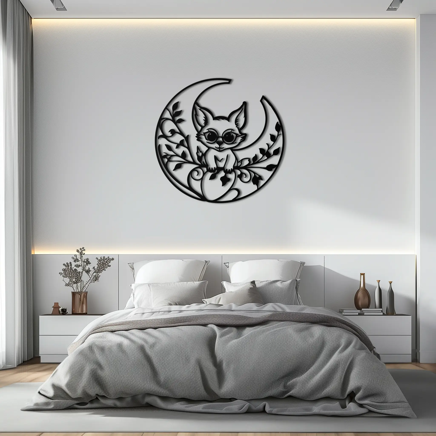 Moon Cat Silhouette Metal Wall Art – Black Steel Whimsical Pet Lover Decor- KAF492 by Enova Art