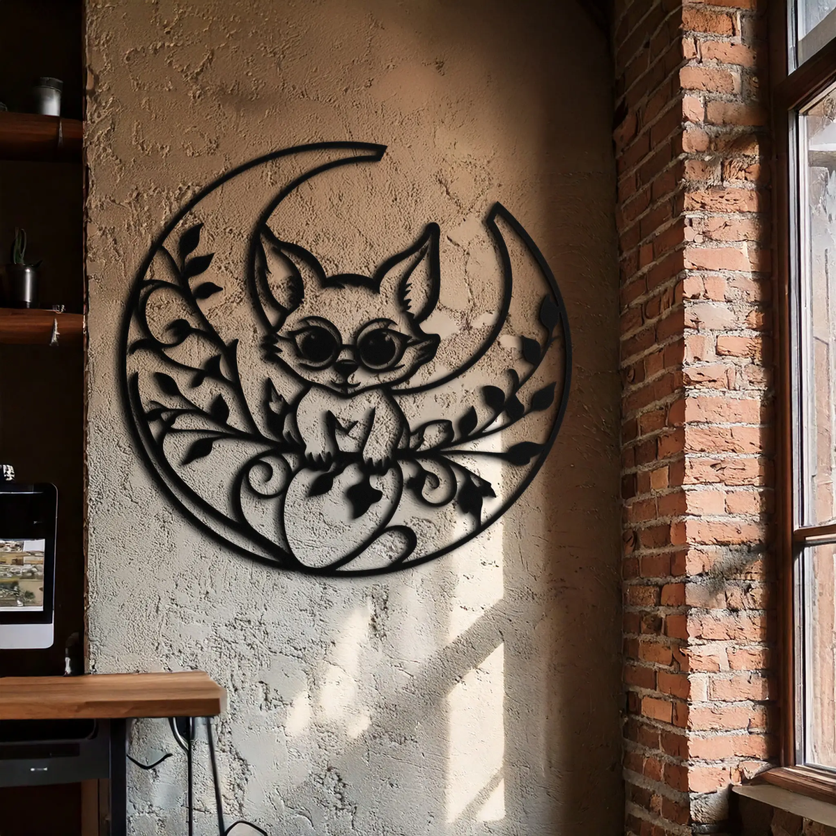 Moon Cat Silhouette Metal Wall Art – Black Steel Whimsical Pet Lover Decor- KAF492 by Enova Art