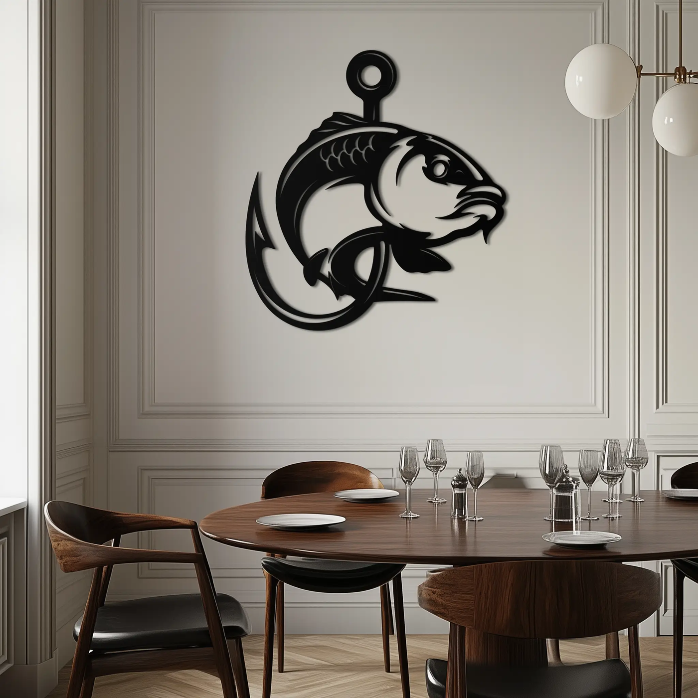 Fishing Hook and Fish Silhouette Metal Wall Art – Black Steel Angler’s Home Decor- KAF495 by Enova Art