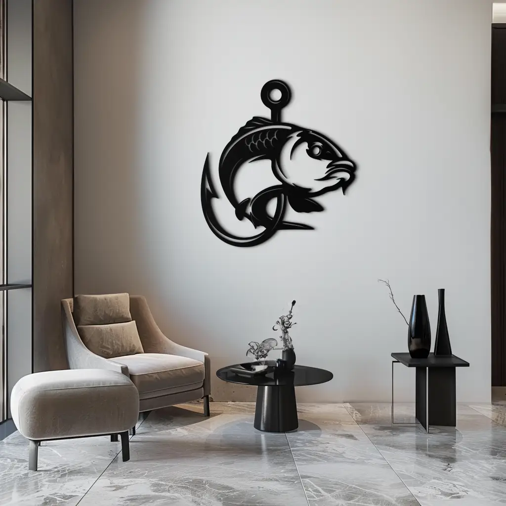 Fishing Hook and Fish Silhouette Metal Wall Art – Black Steel Angler’s Home Decor- KAF495 by Enova Art