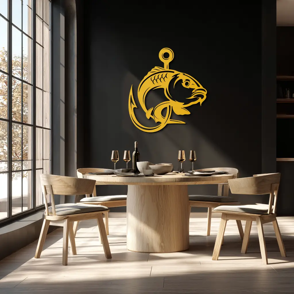 Fishing Hook and Fish Silhouette Metal Wall Art – Black Steel Angler’s Home Decor- KAF495 by Enova Art