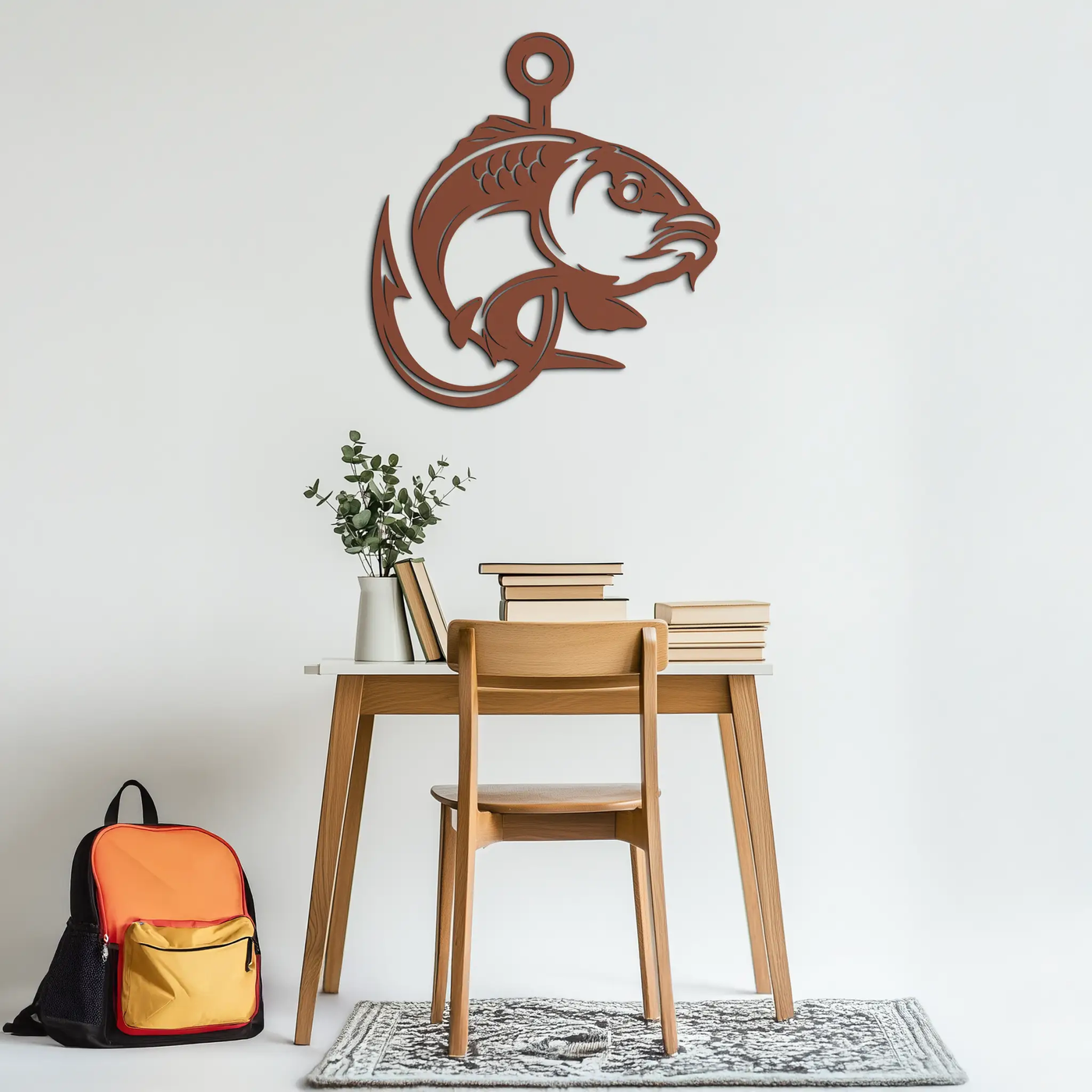 Fishing Hook and Fish Silhouette Metal Wall Art – Black Steel Angler’s Home Decor- KAF495 by Enova Art