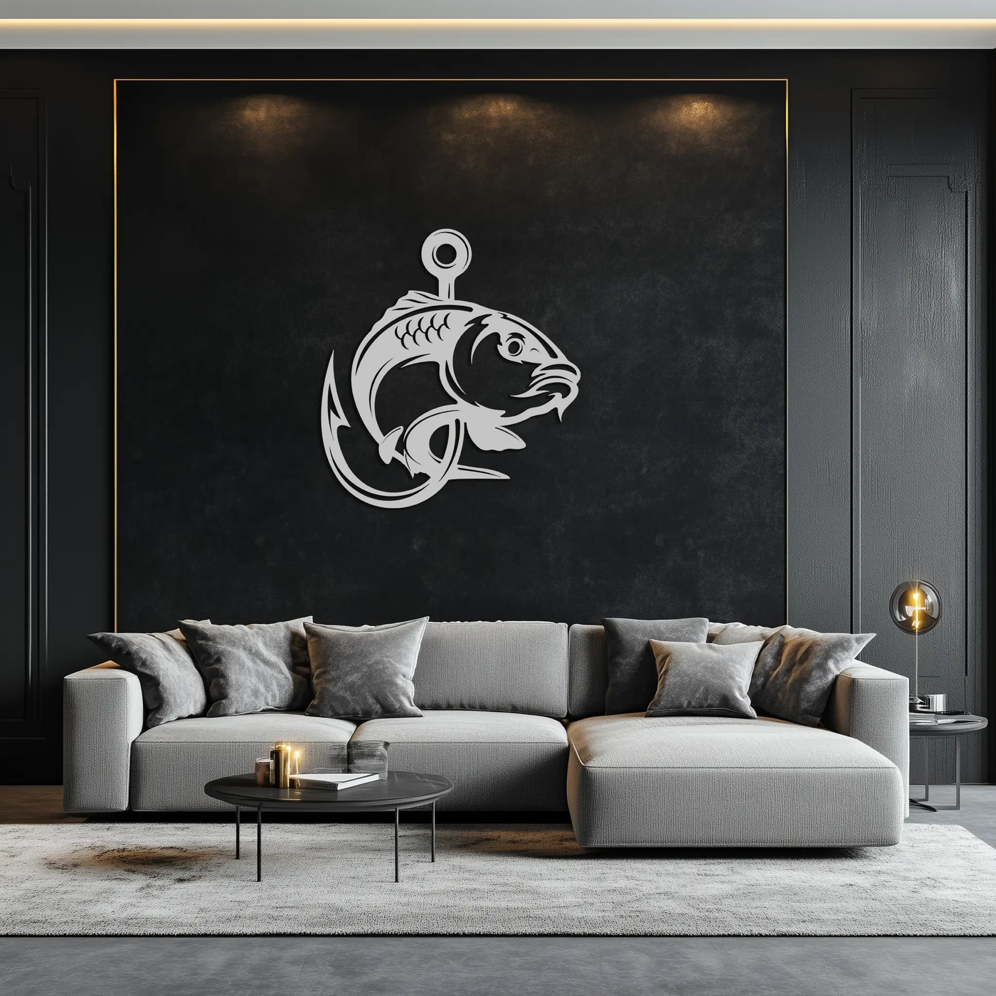 Fishing Hook and Fish Silhouette Metal Wall Art – Black Steel Angler’s Home Decor- KAF495 by Enova Art