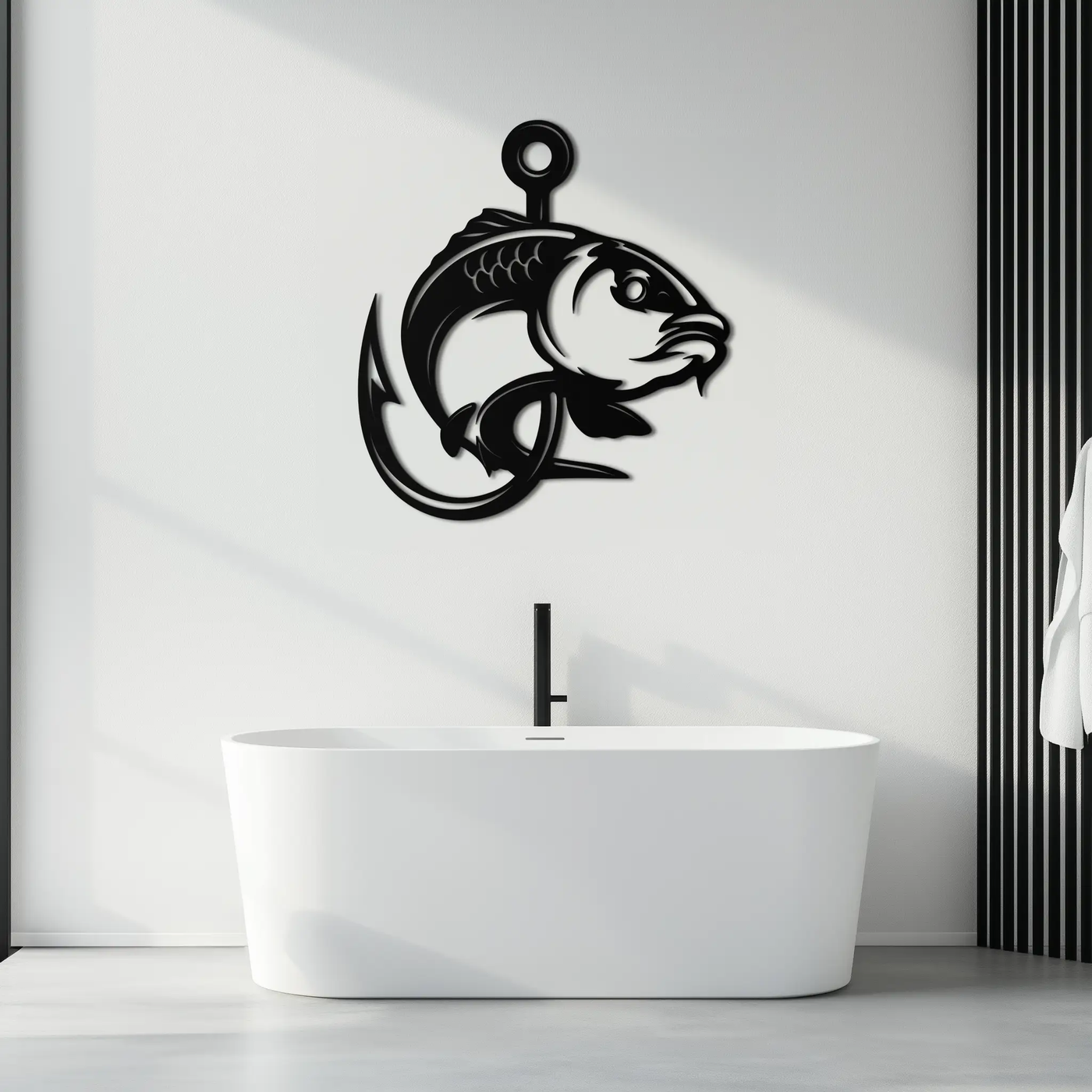 Fishing Hook and Fish Silhouette Metal Wall Art – Black Steel Angler’s Home Decor- KAF495 by Enova Art