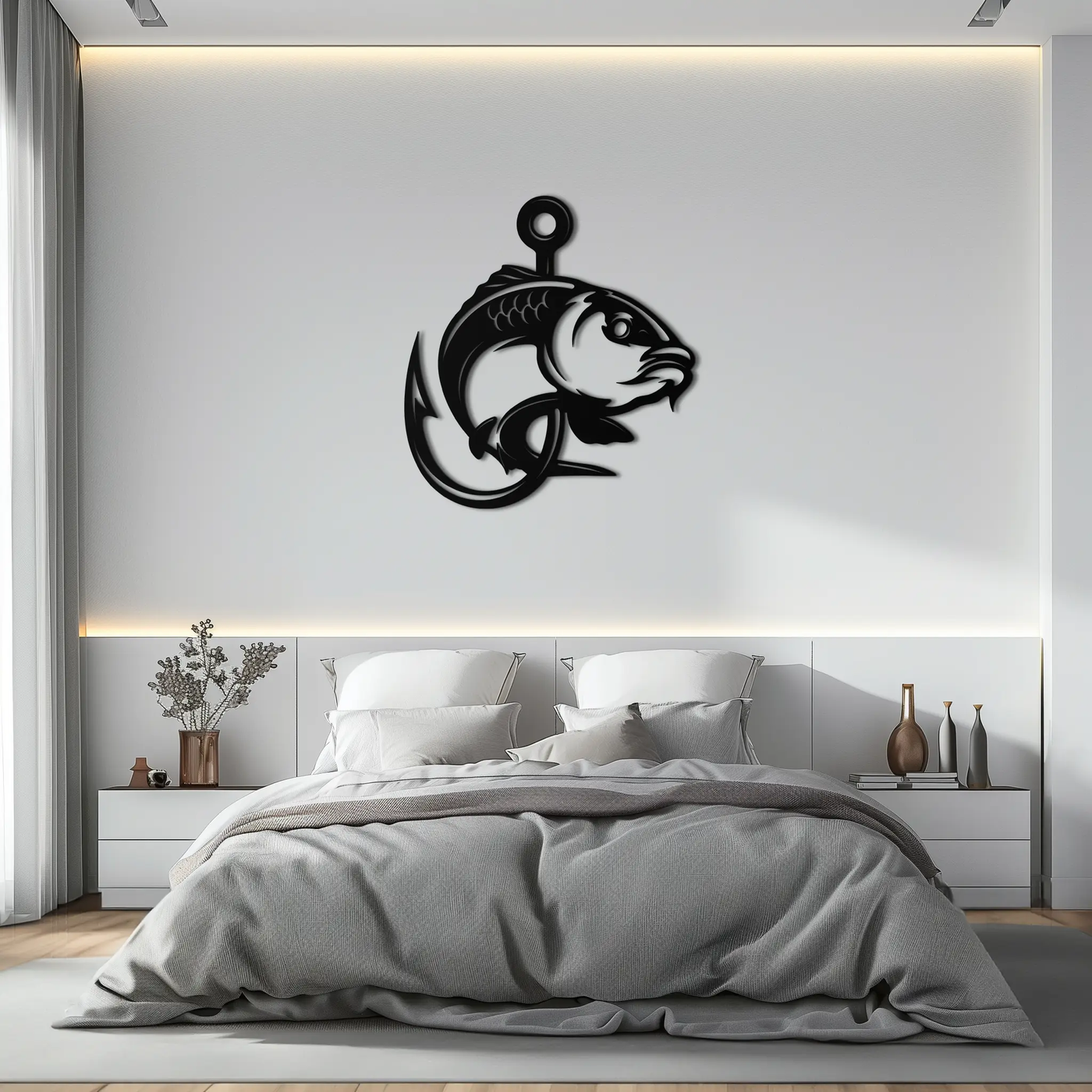 Fishing Hook and Fish Silhouette Metal Wall Art – Black Steel Angler’s Home Decor- KAF495 by Enova Art