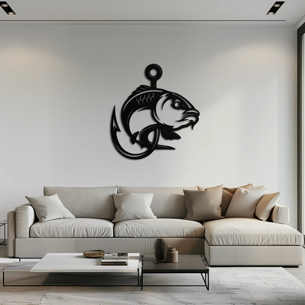 Fishing Hook and Fish Silhouette Metal Wall Art – Black Steel Angler’s Home Decor- KAF495 by Enova Art